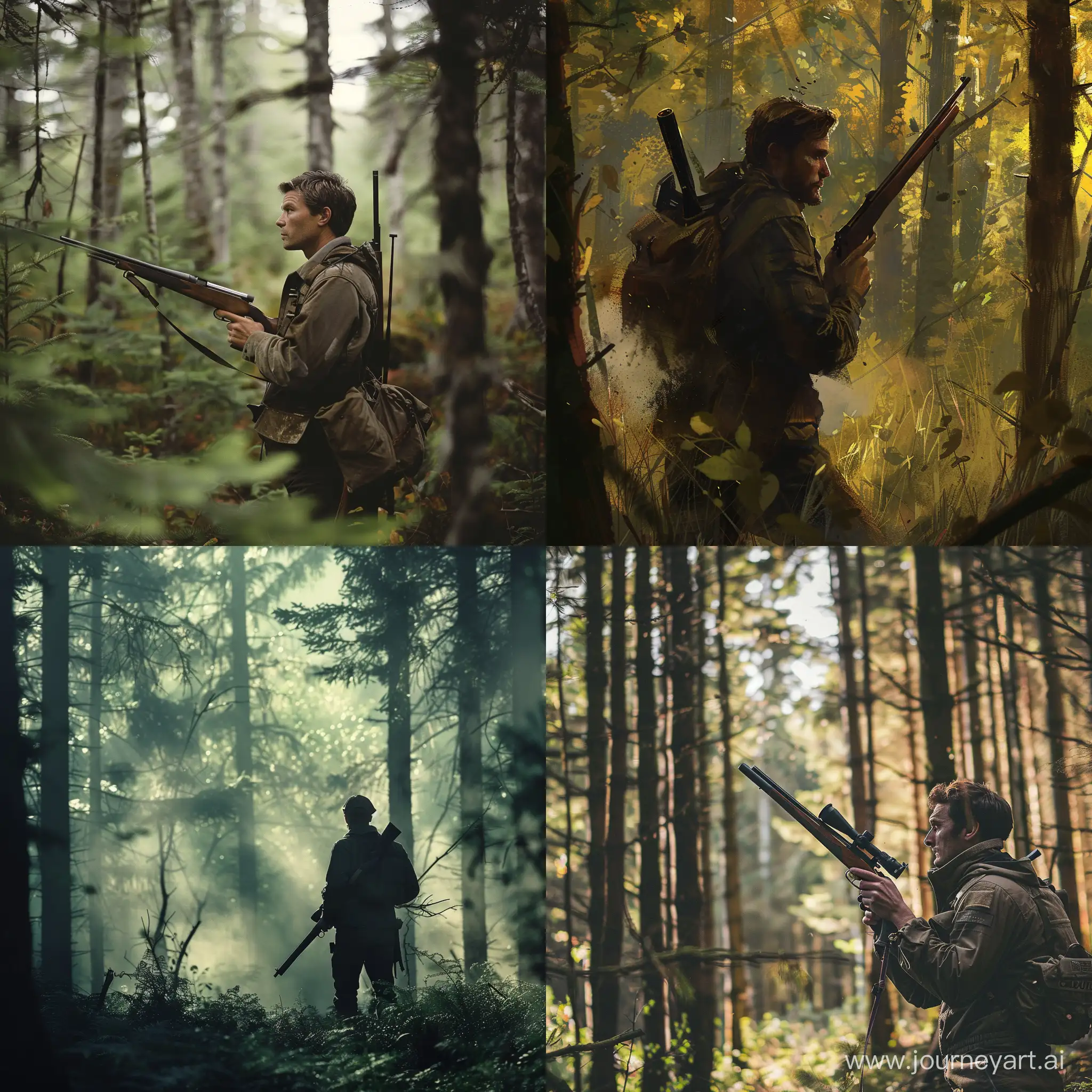 Мужчина с охотничьим ружьем в лесу