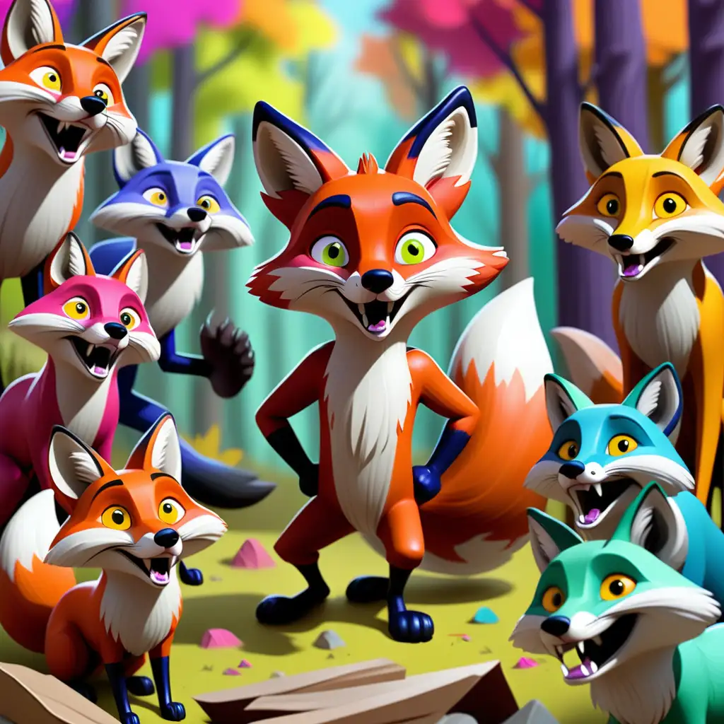 Depict a lively scene with diferente types of animals from the colorful forest gathering around a notice about the race, with Felix the colorful fox in the colorful foreground, looking determined and excited.