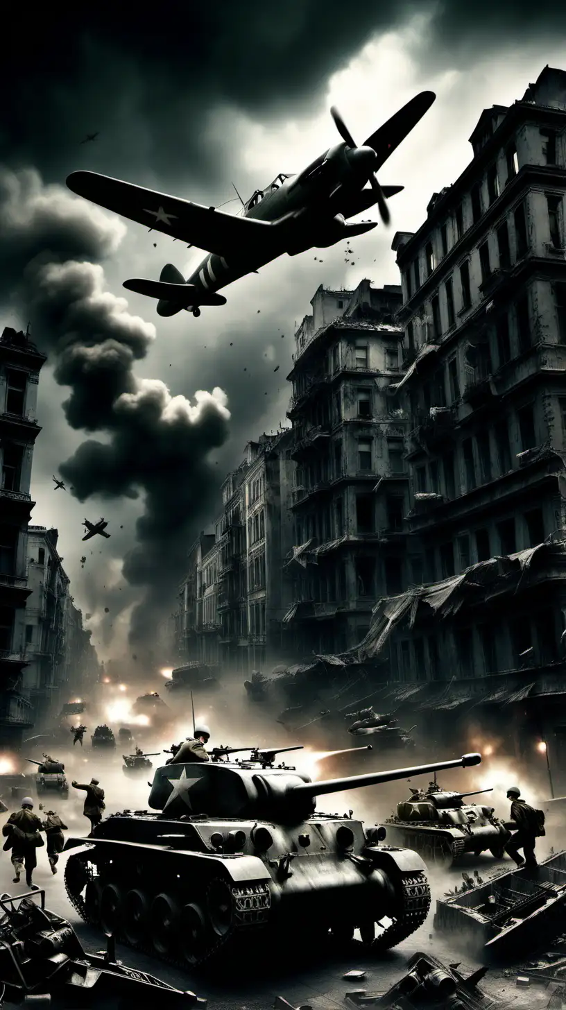 World war 2, in dark city, plane in the air, soldier, tank,chaos