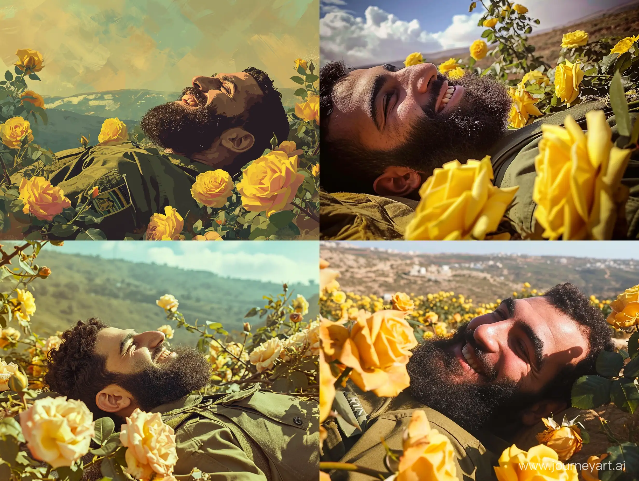 Joyful-Hezbollah-Soldier-Surrounded-by-Yellow-Roses-in-Landscape