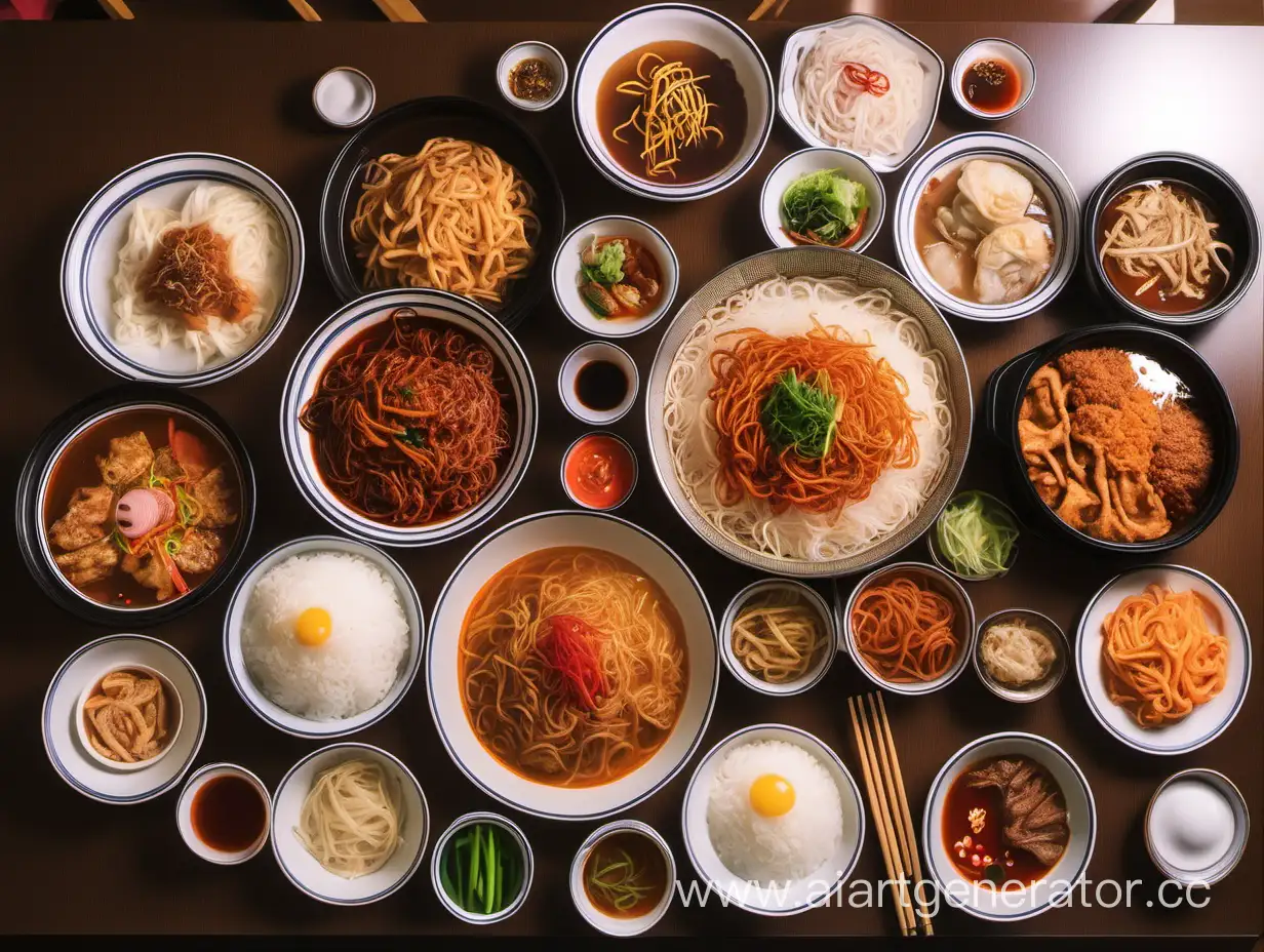 большое количество корейской еды на столе