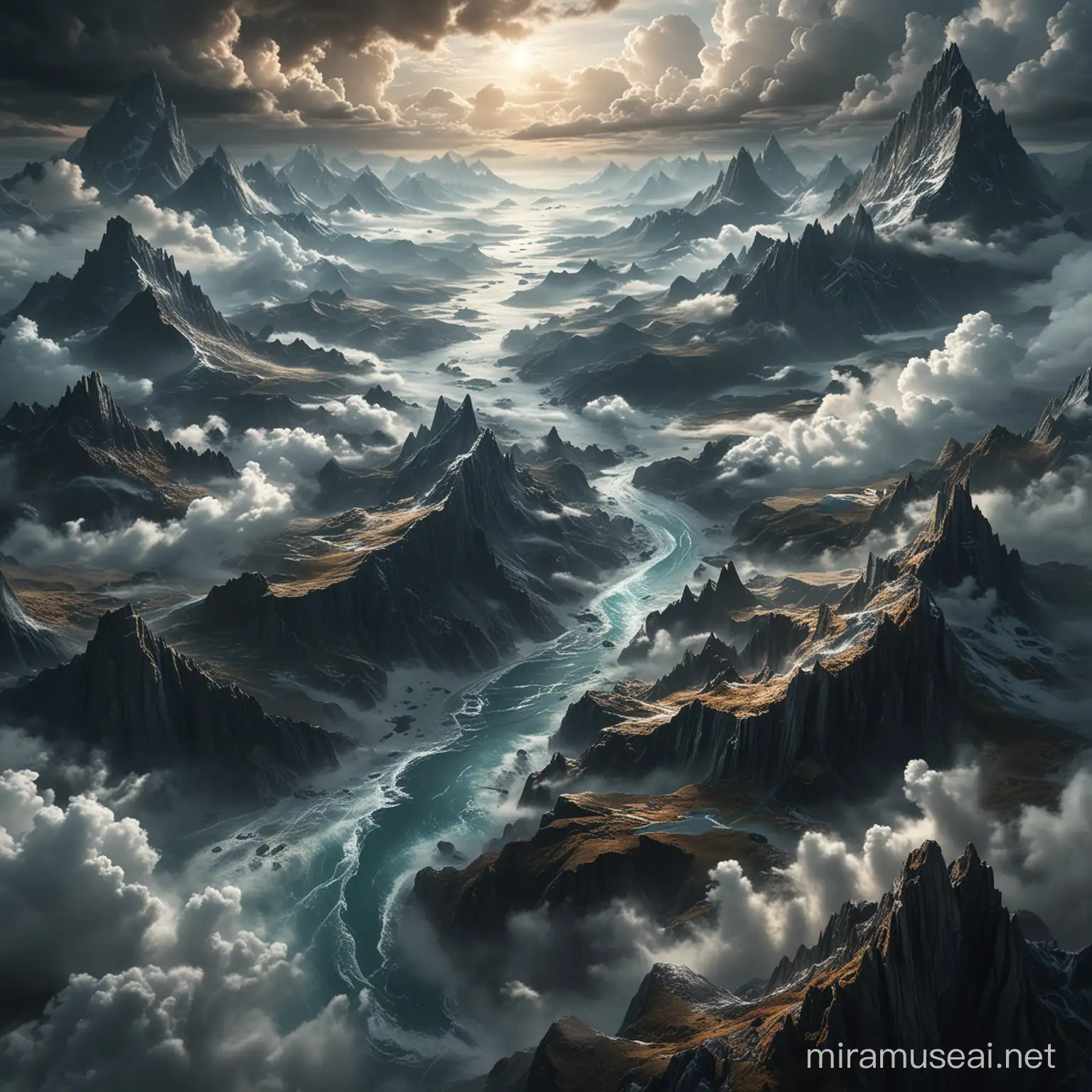 Primordial Chaos Aerial View of Mountains Oceans and Clouds