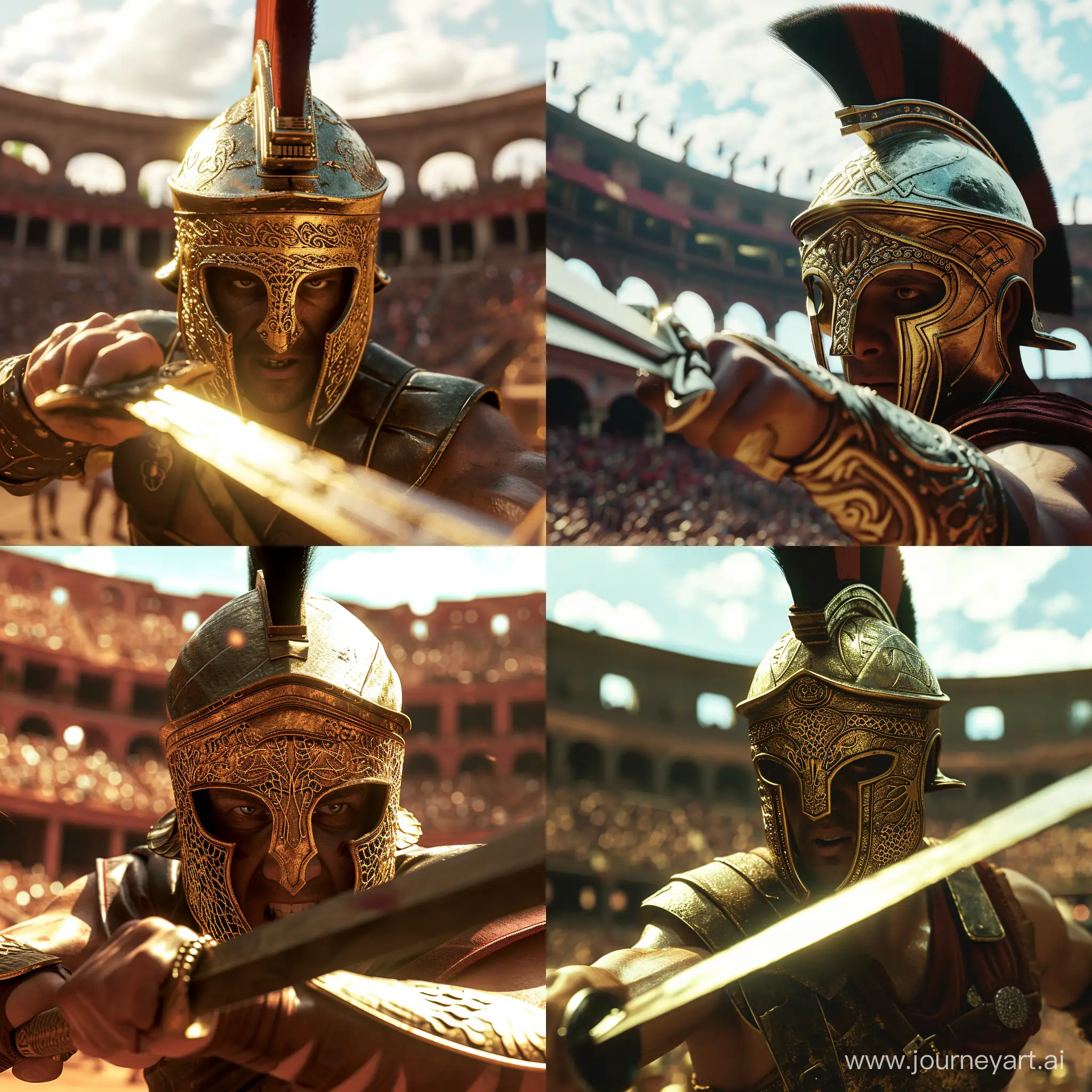 a close up high realistic cinematic photo of a gladiator with a sword going into battle inside a coliseum. His helmet is golden filigree, covering his cheeks and nose like the classic spartan helmet. --style raw