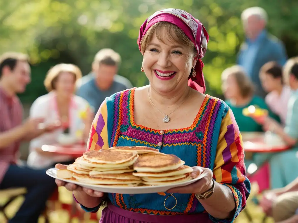 A cheerful woman, she is 50 years old, dressed in a dress, a scarf on her head, holding a plate of pancakes in her hand.