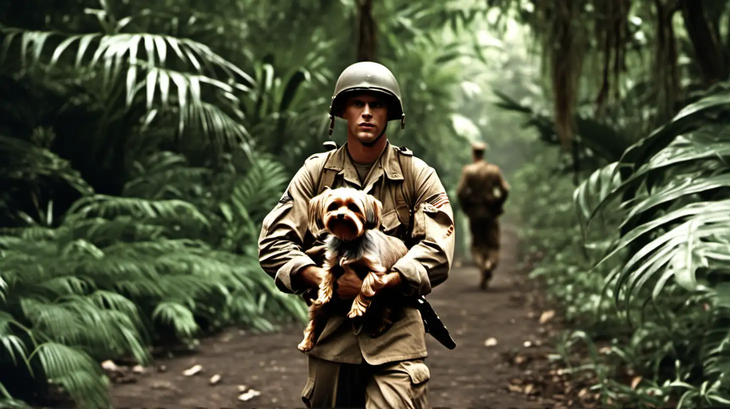 a real life picture image of an american world war two soldier walking in the jungle holding a happy, small yorkshire terrior in his arms