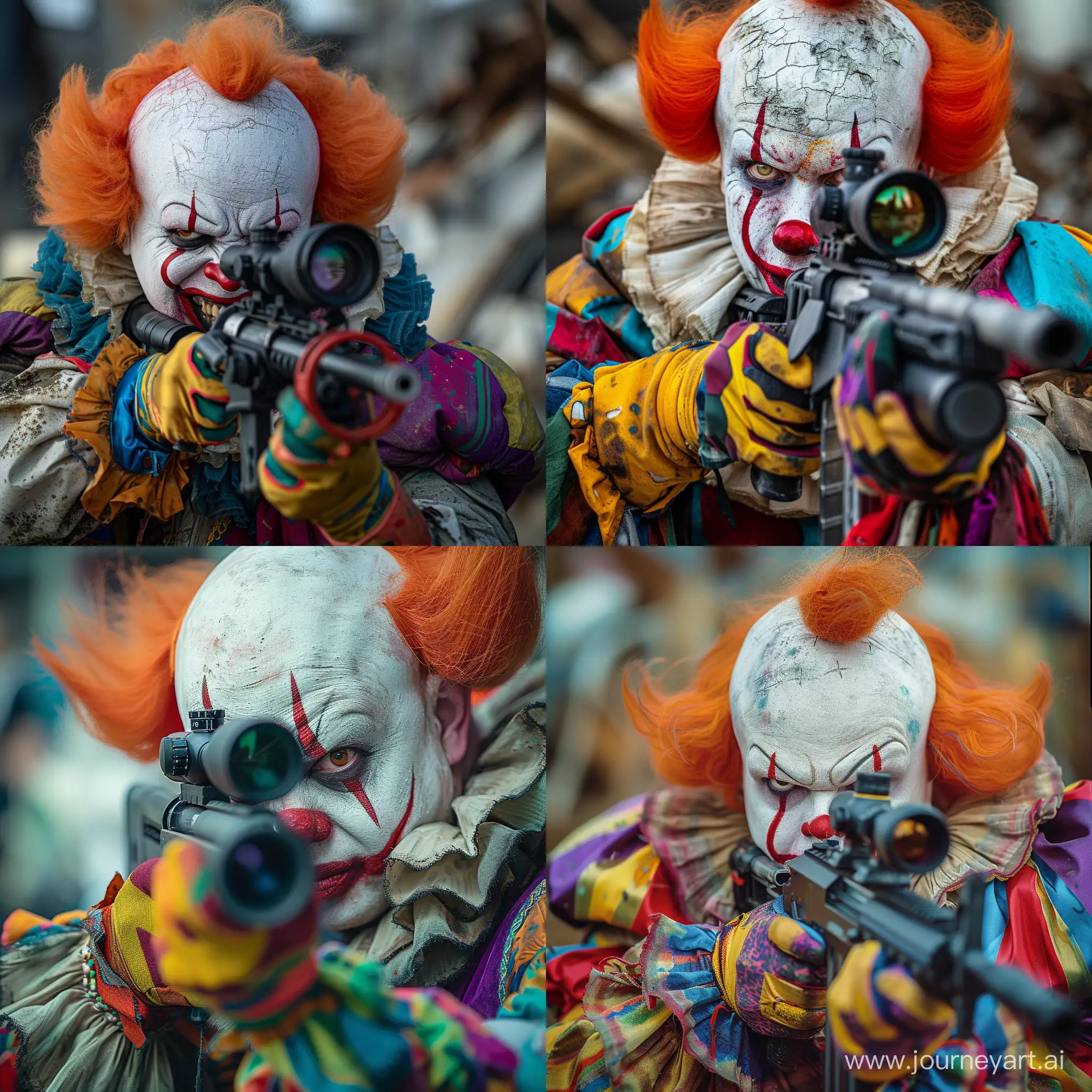 close-up of a person dressed as a clown holding what appears to be a firearm with an attached scope. The clown makeup features exaggerated red lips, a white face, and a balding head with tufts of orange hair on either side. He wears colorful costumes and gloves. The expression on the clown's face is menacing, blended with a hint of madness, which is in stark contrast to the typically joyful and humorous association with clowns. The setting seems to be chaotic, with a blurred background that gives the impression of a disordered or post-apocalyptic environment.