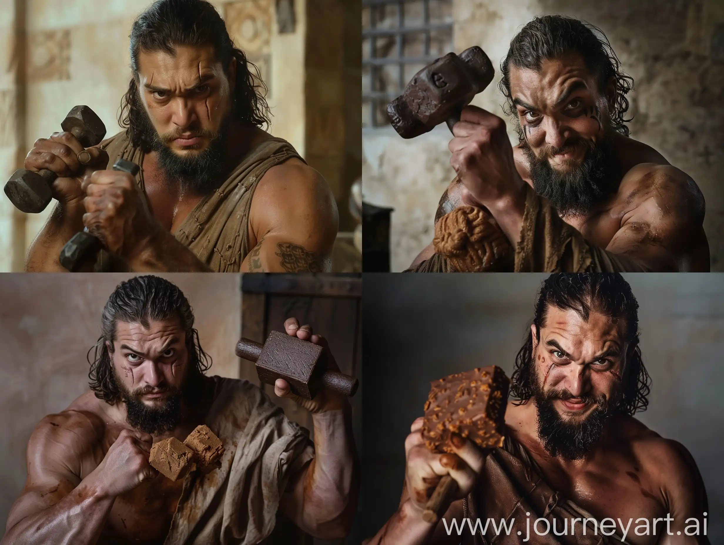 Khal Drogo is in Game of Thrones, Khal Drogo is with Jason Momoa in Game of Thrones, Khal Drogo is very fat, Khal Drogo's face and body is very very fat, Khal Drogo is wearing an old brown tunic Khal Drogo in The Winterfell Club plays sports. Khal Drogo is holding a dumbbell in one hand and a bar of chocolate in the other, Khal Drogo is looking at the camera with a mischievous smile, the style of The Witcher is classic lighting, realistic, Claire, q2