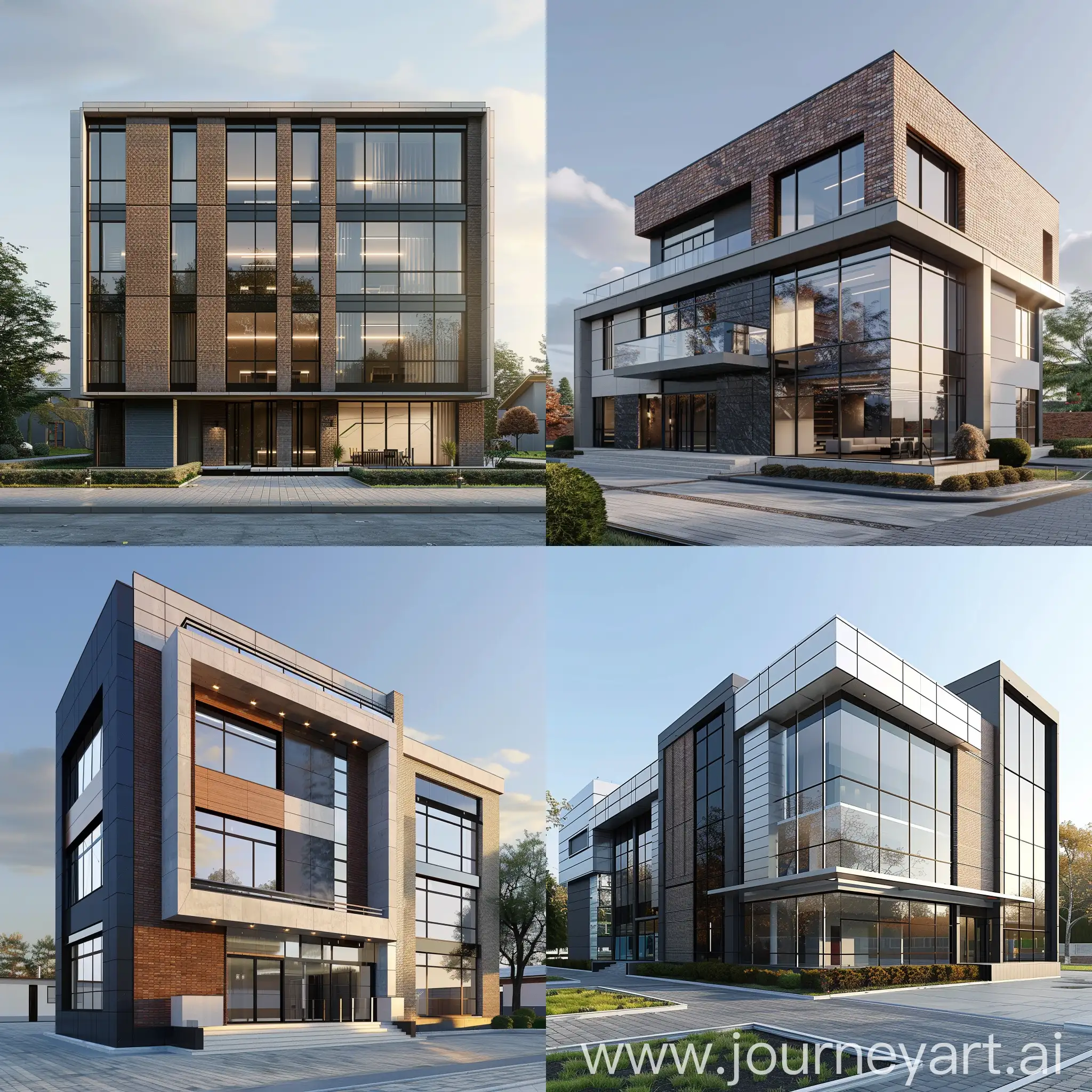 3d model, modern official building, the ground floor's height is 3.60 meters, first floor's height is 5.0 meters, modern facade with composite materials and brick, large windows, 