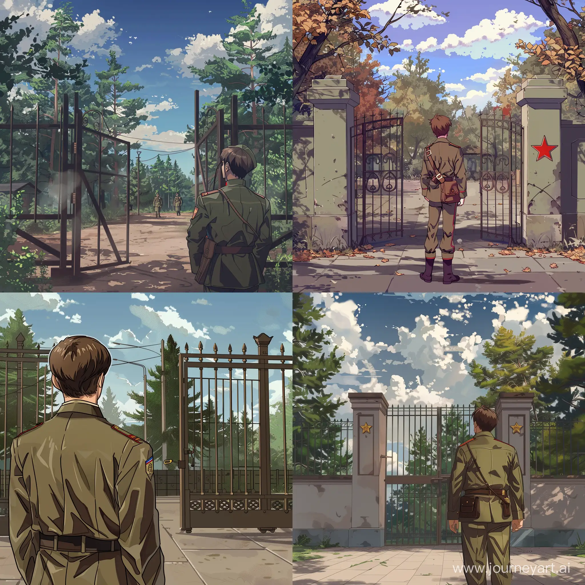 Парень в пионерской форме СССР стоит и смотрит на ворота лагеря пионер лагеря из СССР, стиль визуальная новелла "everlasting summer"