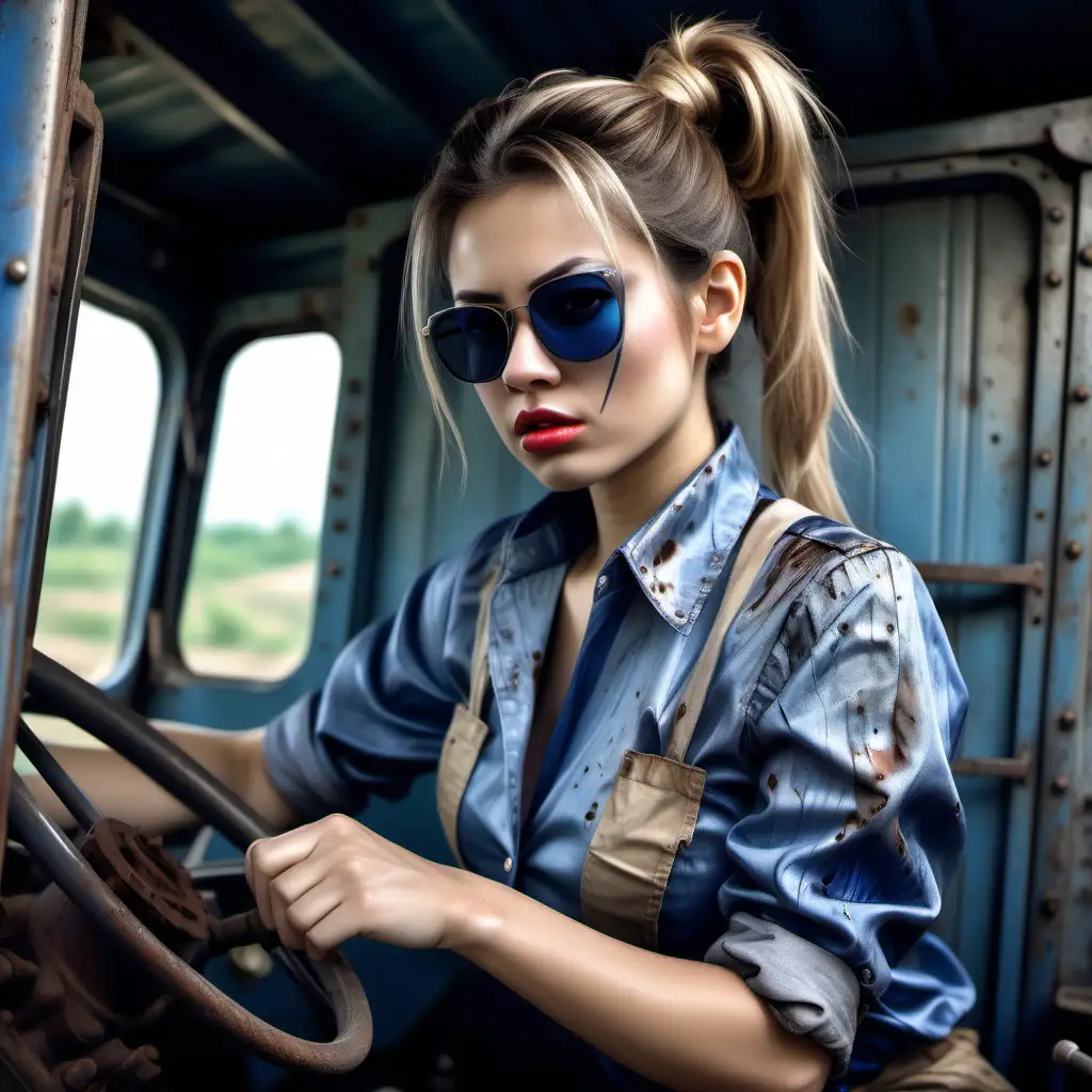 Professional Woman in Tractor Cabin GreaseSmeared Silk Blouses and Ponytailed Hair