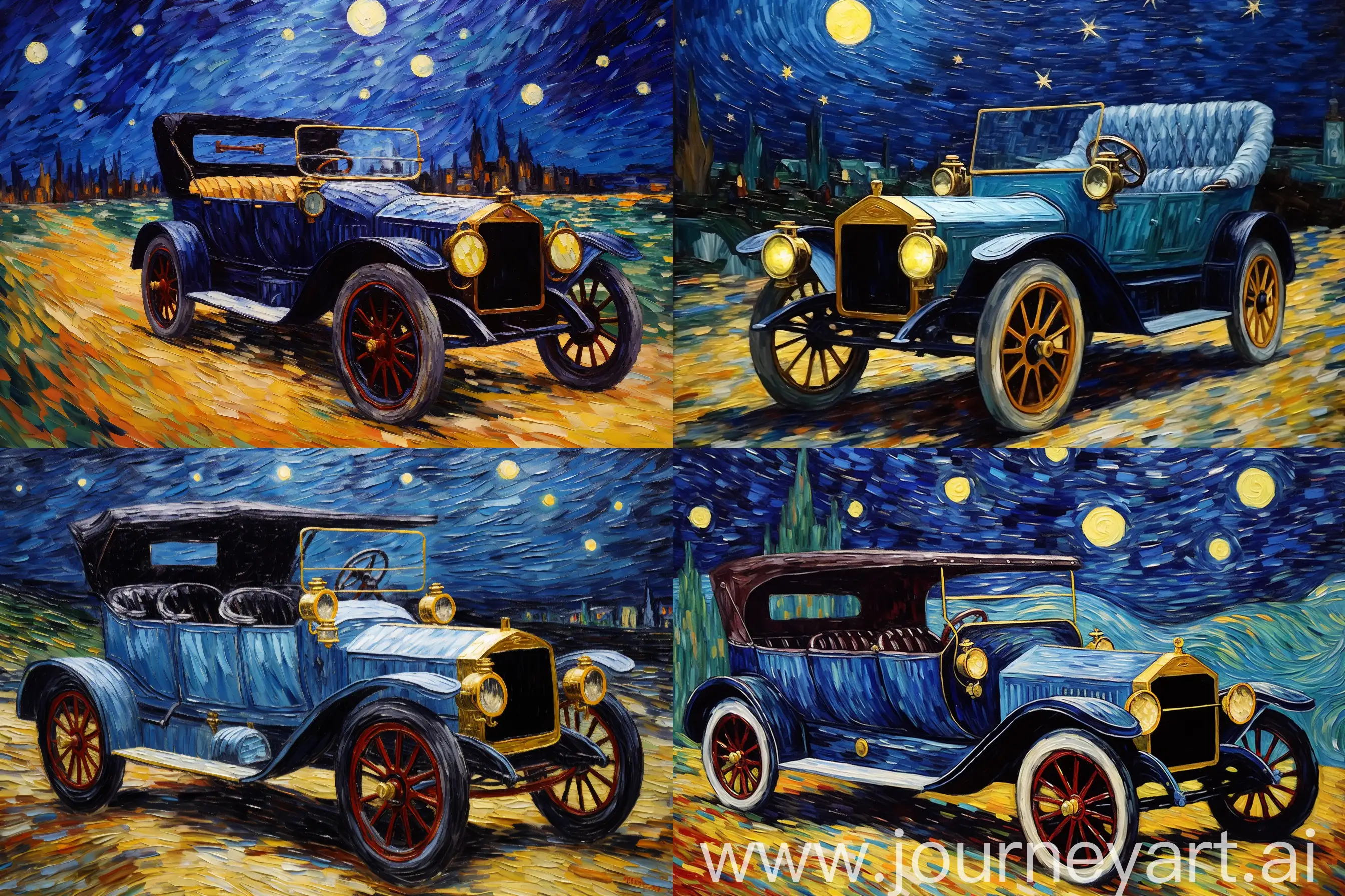 a painting of a vintage 1910 car, under a starry night, fine brush strokes, extremely detailed. by van gogh --v 5.2 --quality 2 --ar 3:2