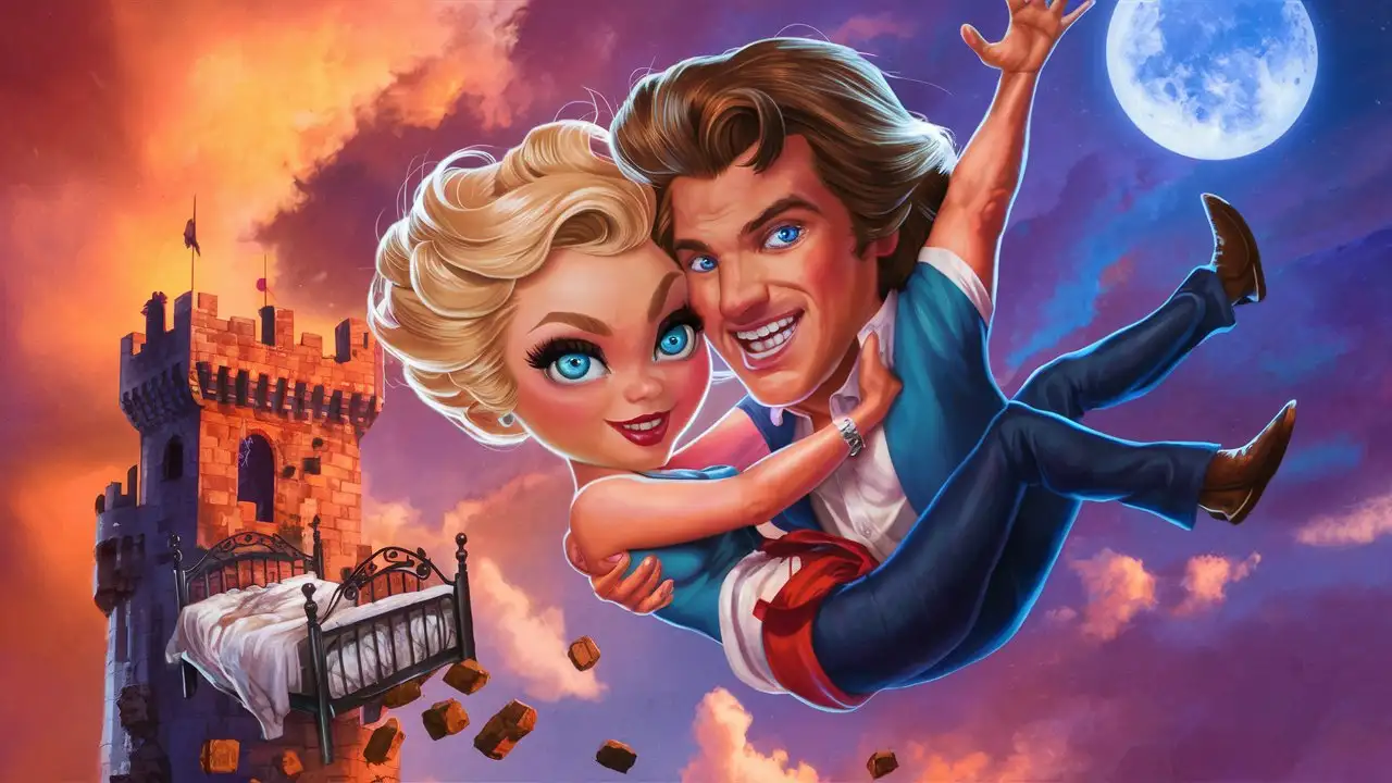 Short blonde woman with big blue eyes and a tall handsome man with wavy brown hair and blue eyes, falling from a tower, with a bed resting on top of the tower