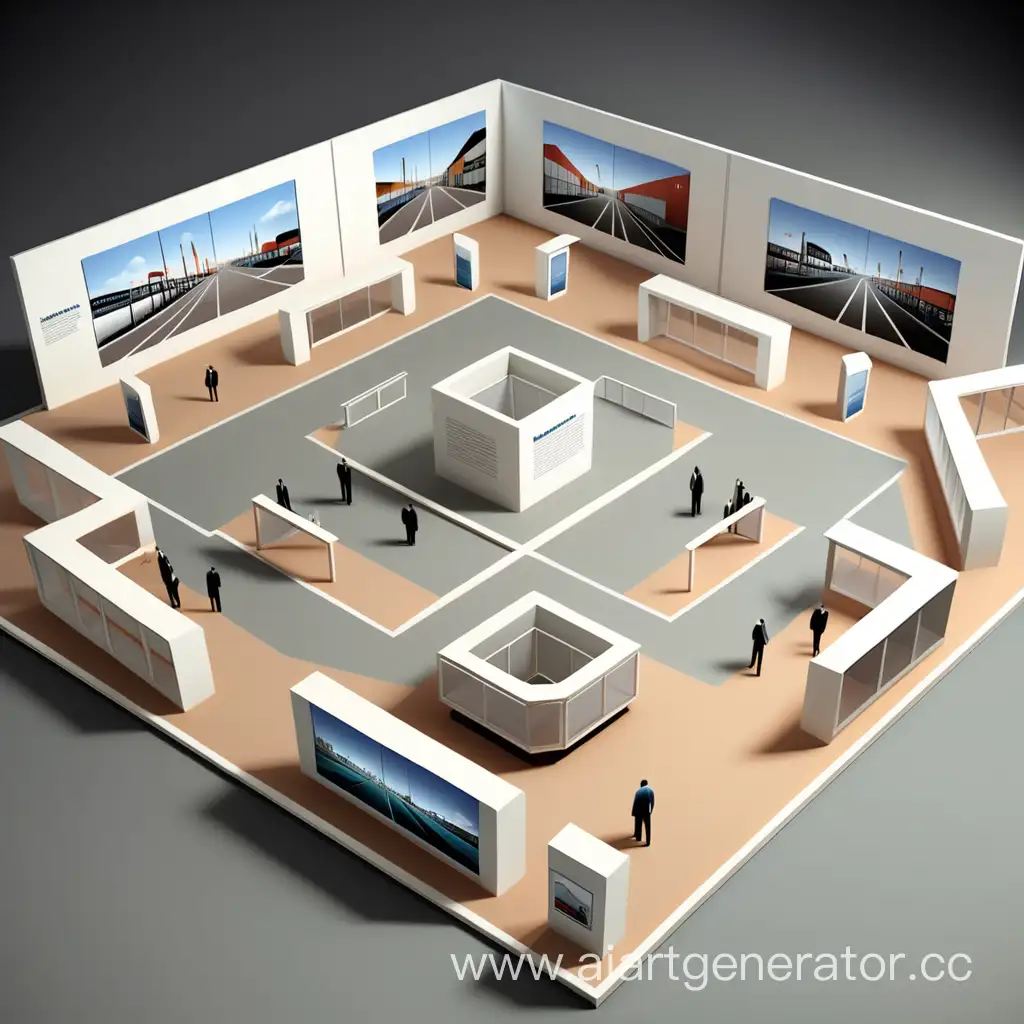 3д картинка выставочной площади, которая разделена по разным направлениям, а в центре стоит экспозиция "сухой порт"