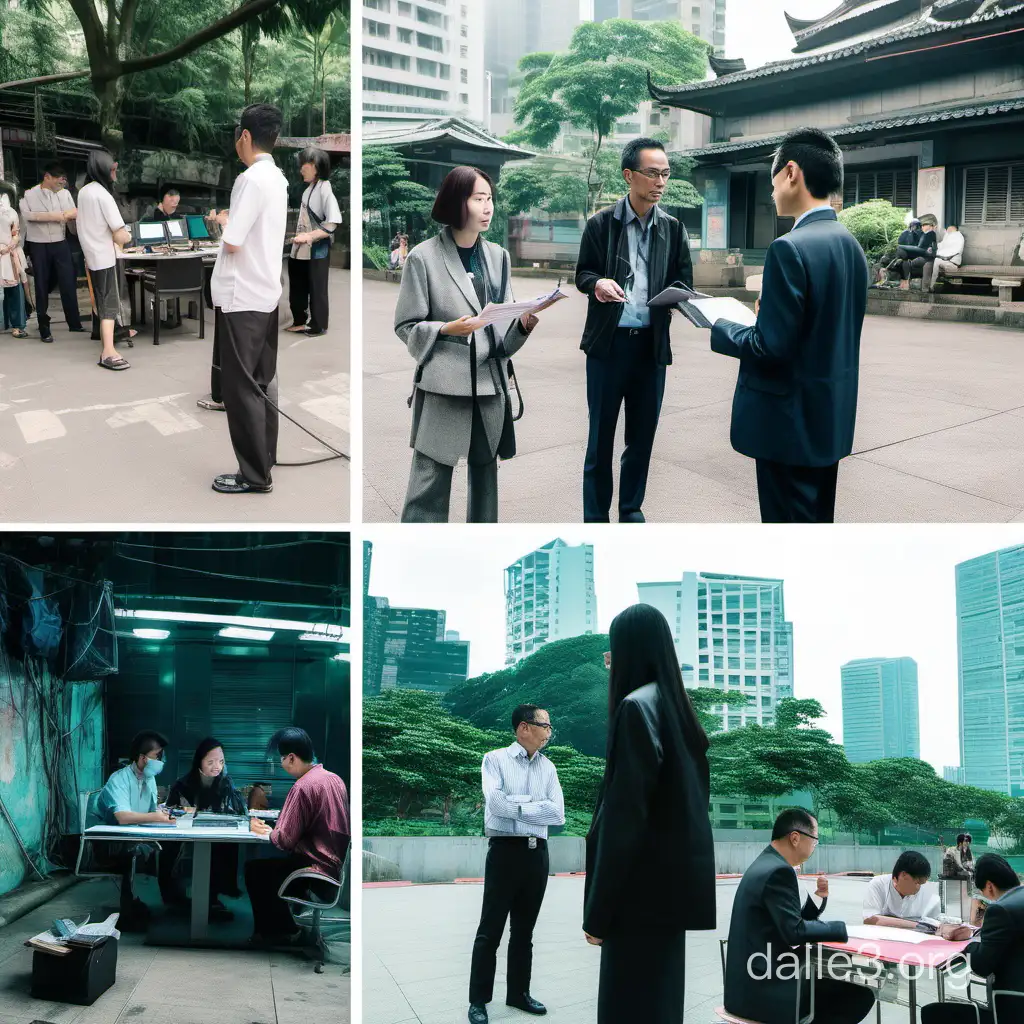a cyberpunk set of photographs of various scenes of people discussing project feasibility studies in the open air in asia 