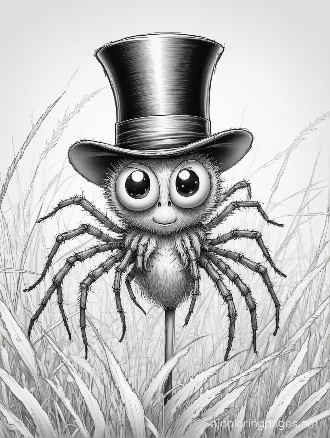 spider wearing a top hat and winking on a blade of grass, Coloring Page, black and white, line art, white background, Simplicity, Ample White Space. The background of the coloring page is plain white to make it easy for young children to color within the lines. The outlines of all the subjects are easy to distinguish, making it simple for kids to color without too much difficulty