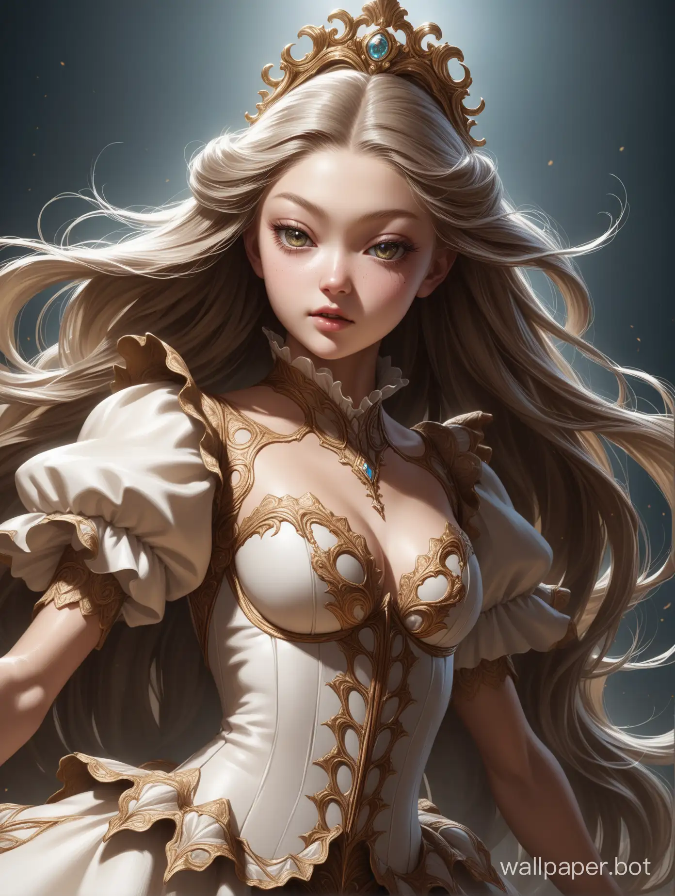 (full-length close-up) Rococo style, black and sand, Gigi Hadid in the role of a half-monster, large detailed eyes, realistic facial skin texture - macro, rococo clothes, cinematic, shadow play, ultra-high detail, dynamic complex pose, correct anatomy, high quality, Artstation, perfect centered composition