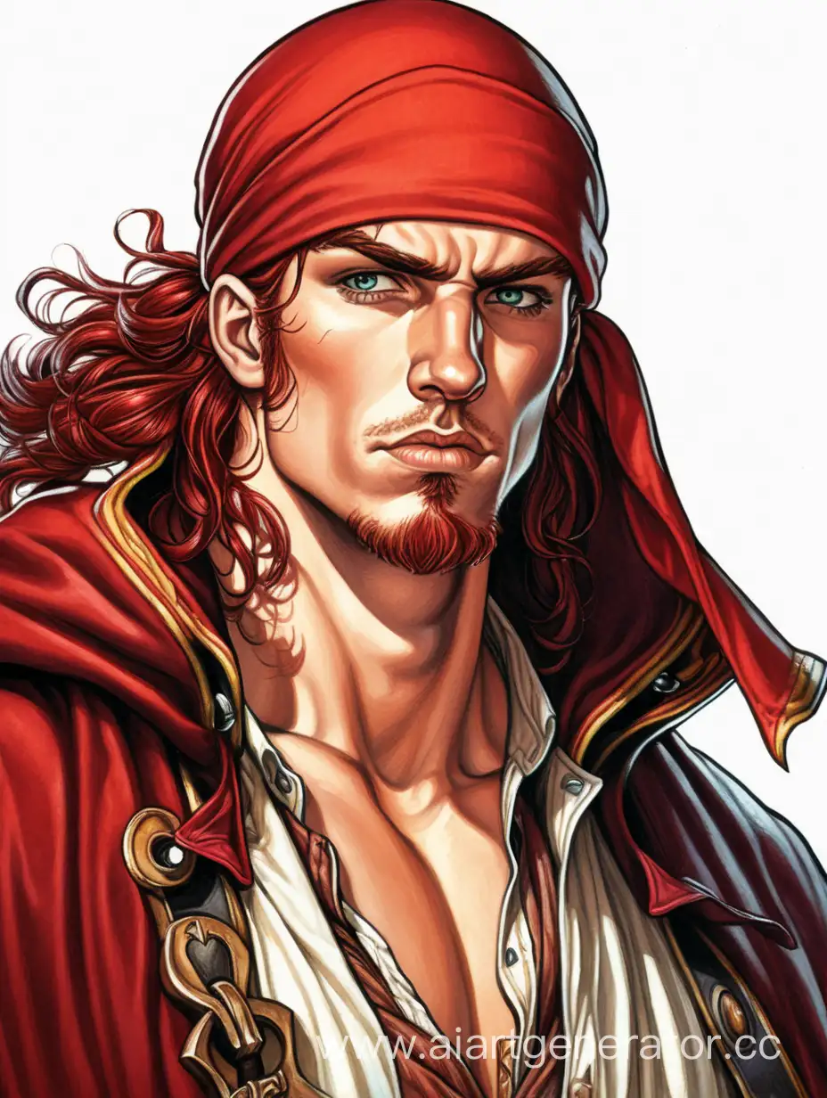 Young-Male-Pirate-in-Red-Headscarf-and-Cloak-Realistic-Comics-Style
