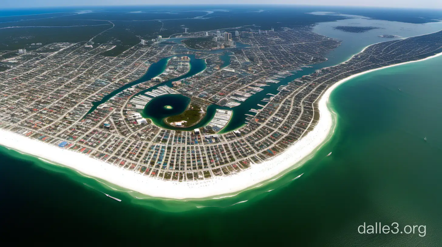 Photo. Exceptionally beautiful aerial view from 50 feet high - drone view - off the white sand beaches of Panama City Florida and over the clear, azure and emerald green waters of the Gulf of Mexico on a crystal clear and cloudless morning in may. The view is looking downwards and back towards land which looks like a land-locked jumble of mixed textures, shapes, and colors as the view reveals irregular patterns of people, condos, hotels, shops, stores, restaurants and streets from a position safely over the sparkling water.