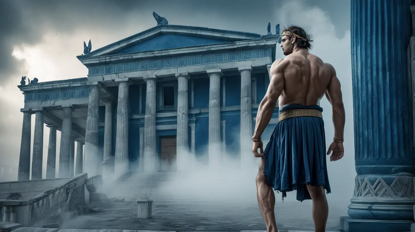 "Generate an image portraying a Greek man with muscles stepping out of a palace into a misty scene. The backdrop includes a dark blue wall, hinting at the grandeur of the palace interior. The atmosphere is filled with mist, and the background showcases damaged buildings, creating a poignant and atmospheric setting. Capture the warrior in a moment of contemplation against the cloudy and evocative background, symbolizing the resilience of ancient times amid the passage of history."
