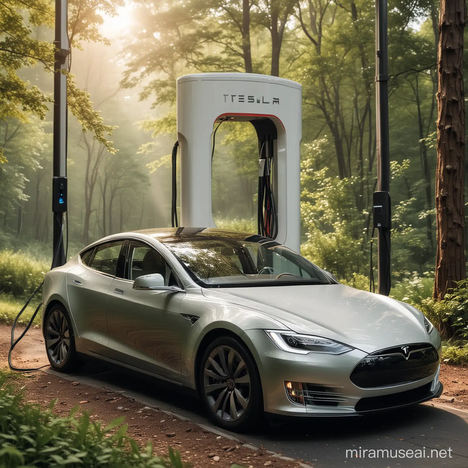 Create me image of tesla car chargin in nature with eco friendly look in mind
