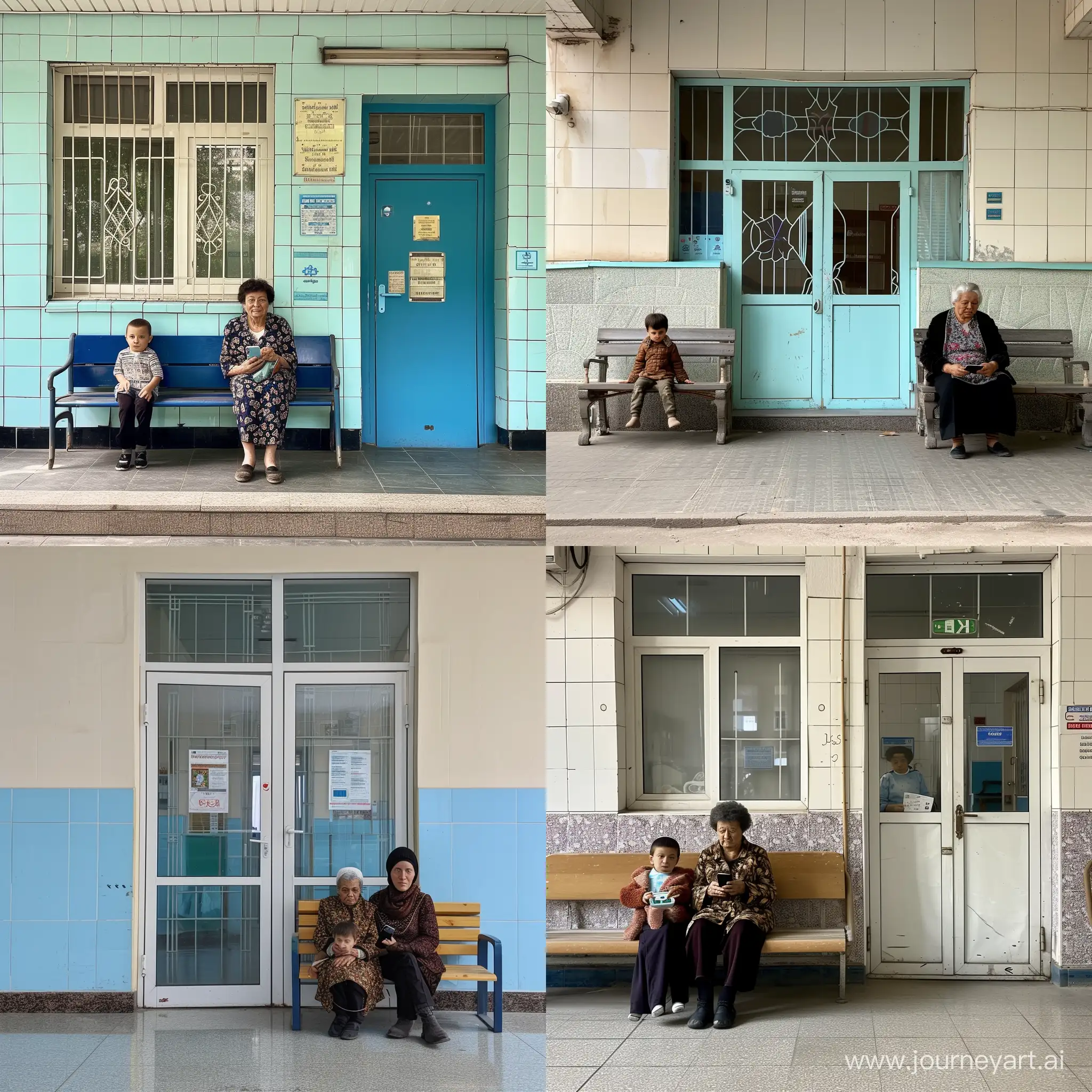 phone photo of a hospital in Kazakhstan, where old woman sitting on a bench with her kid who is in mobile phone near to the door in Kazakhstan posted to reddit in 2019 --style raw