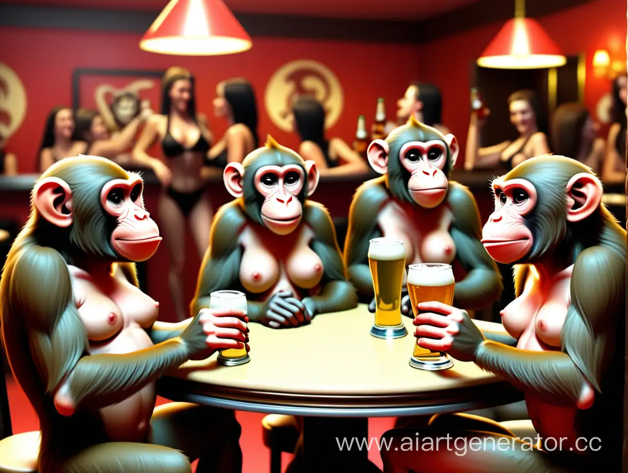 Говорила и обезьяны сидят за столом и пьют пиво на фоне танцующие стриптизерши женщины