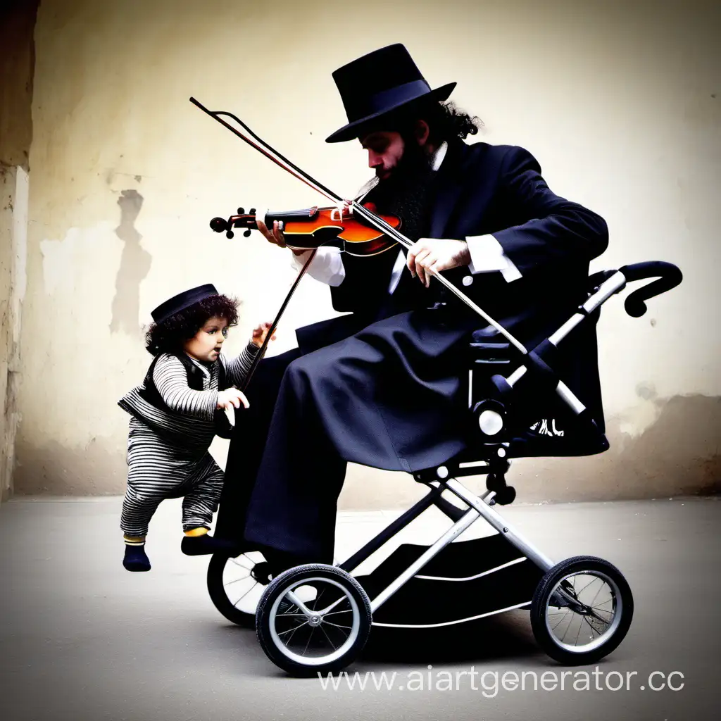 Hassidic jew playing violin over baby in a stroller