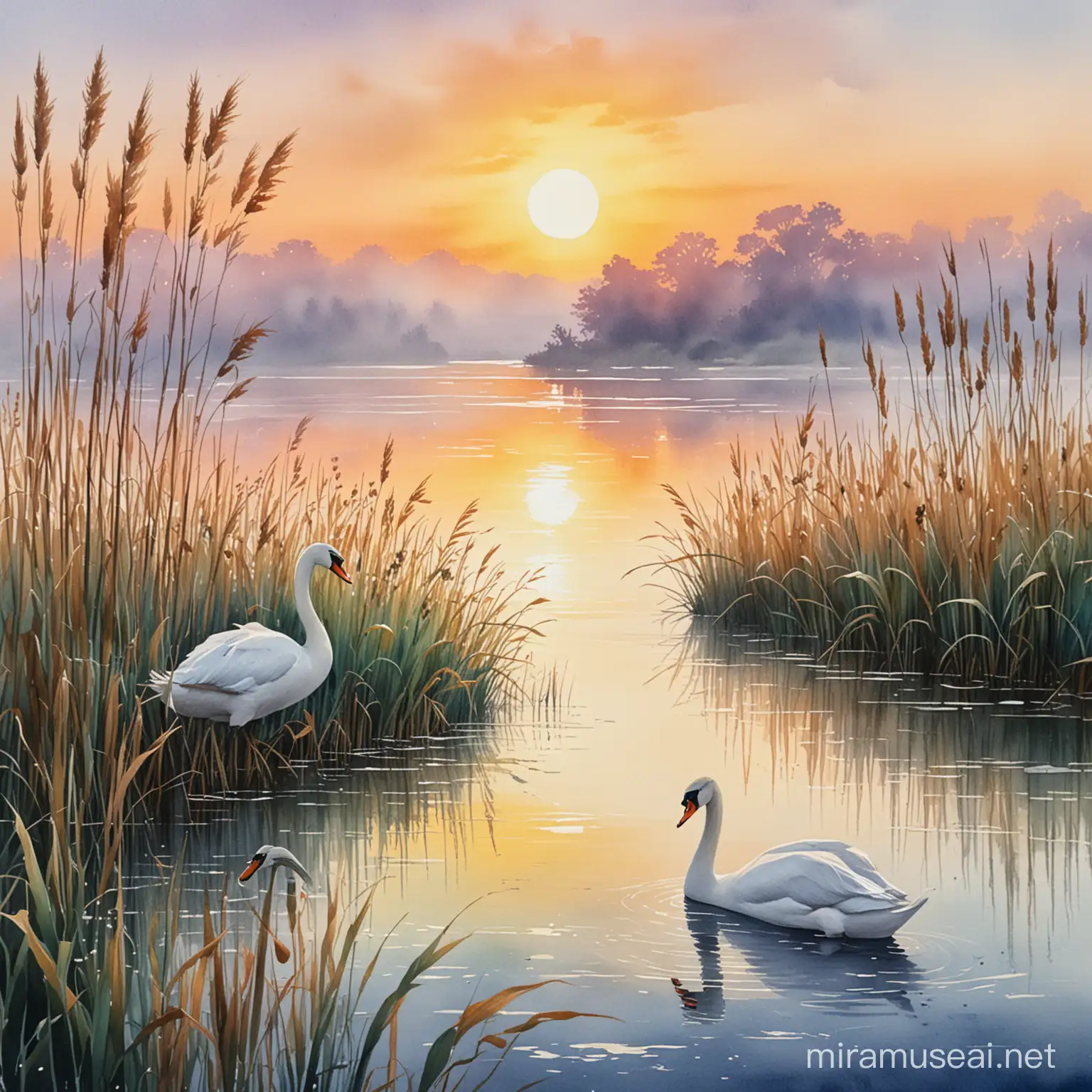 Make a watercolor painting. The lakeshore is sandy and reeds grow in the water. It's sunrise time and mist rises from the water. Two swans swim behind the reeds.