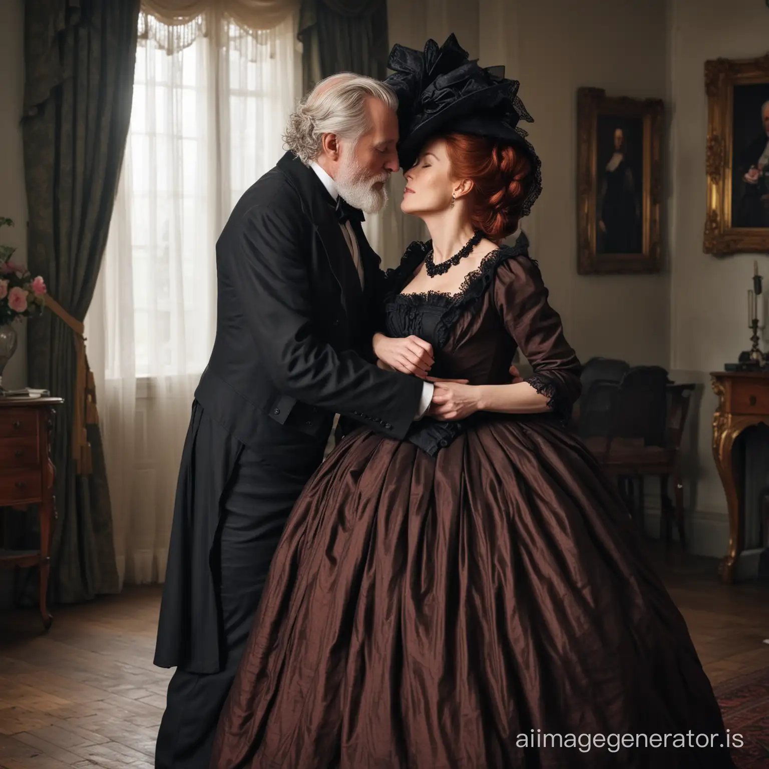 red hair Gillian Anderson wearing a dark brown floor-length loose billowing 1860 victorian crinoline dress with a frilly bonnet kissing an old man dressed in a black victorian suit  who seems to be her newlywed husband