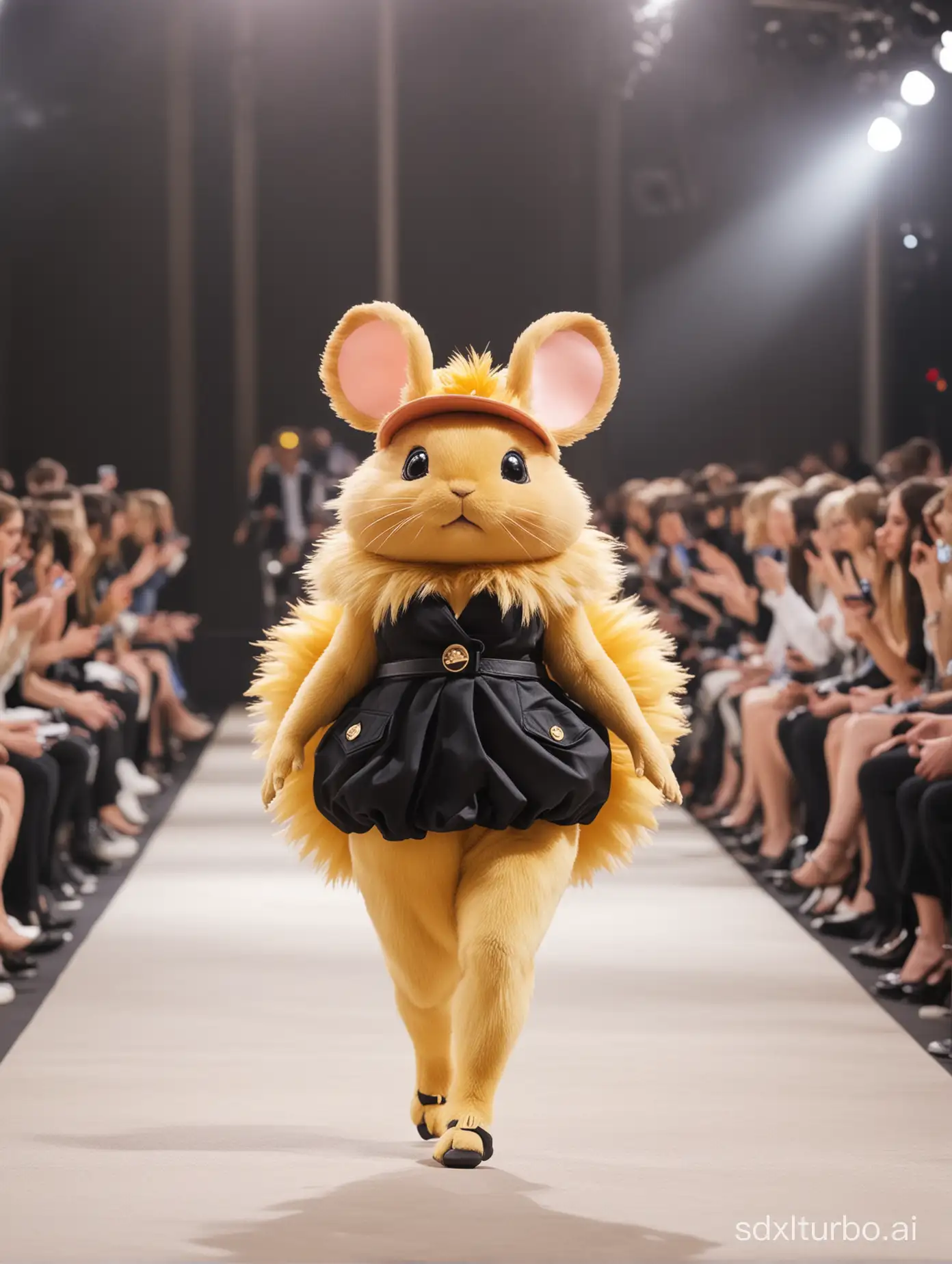 In the Paris Collection, Dedenne from Pokémon walks the runway, a real Dedenne, walking, (full body image), (audience on both sides), Paris Collection runway, real pocket monsters, ultra-delicate photos, Paris Collection runway, (eccentric fashion), outrageous fashion, flashy fashion, Paris Collection