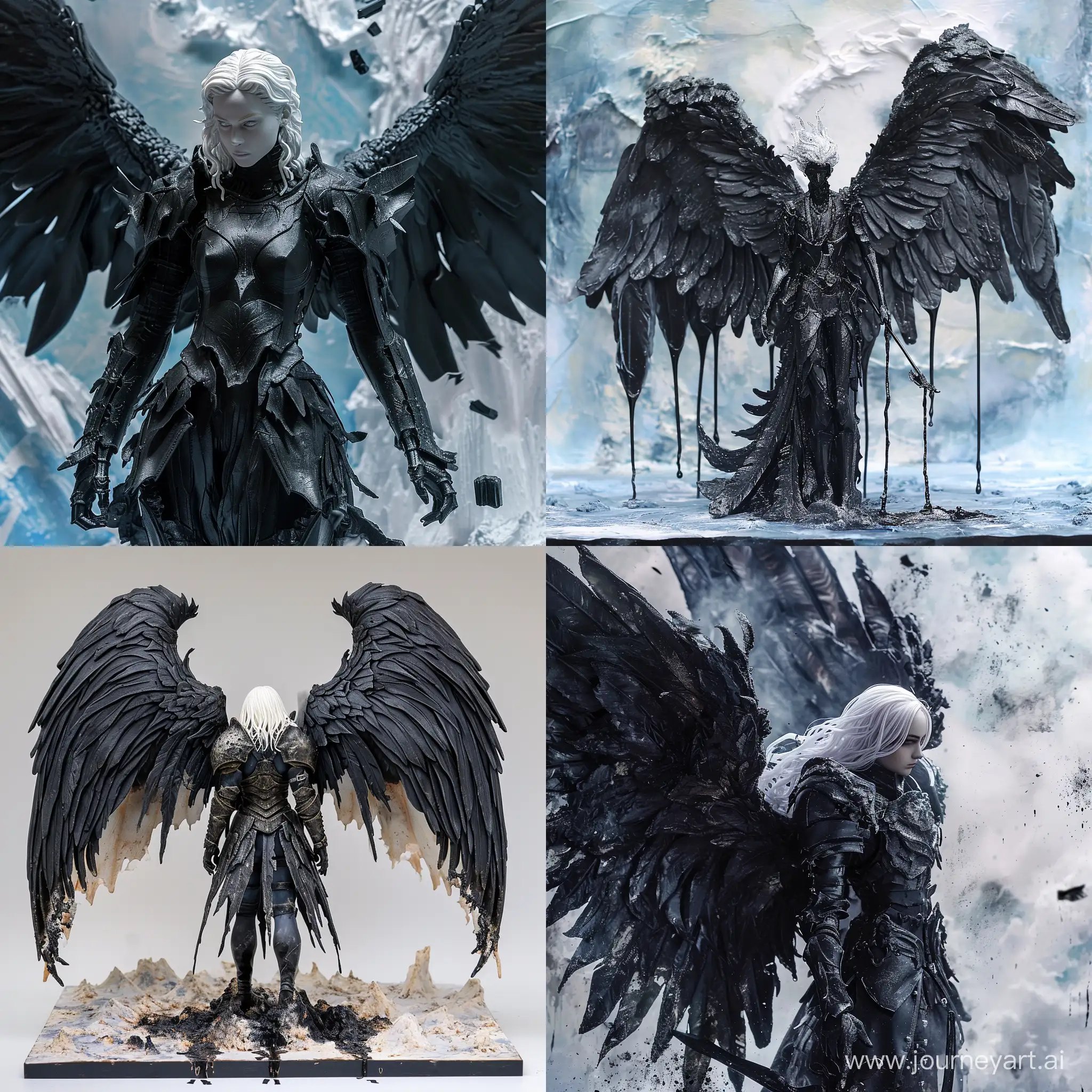 Diorama::1.5, dark angel with large black wings, standing in front of a sky background with white and blue hues, the angel has white hair and is wearing a armor-like outfit, the wings are spread out and there are black paint drips trailing from them, --quality 2