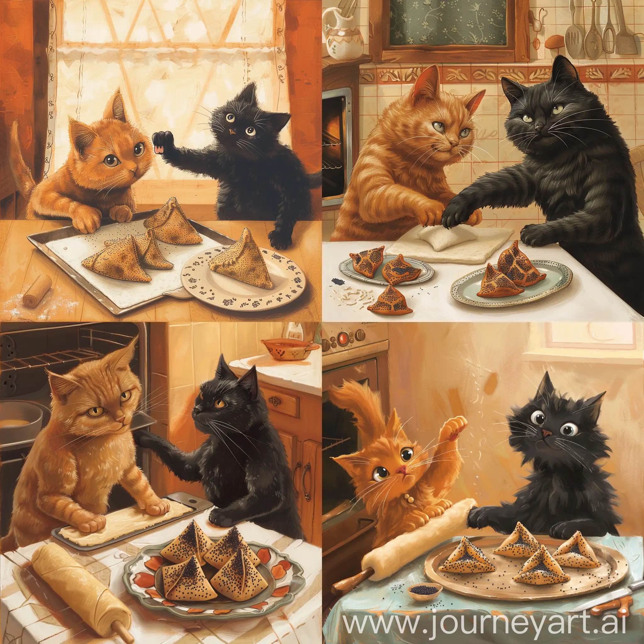 Рыжий кот раскатывает тесто, а черный кот вынимает из духовки противень, на котором лежат готовые печенья ГОМЕНТАШИ к празднику Пурим. На столе лежат на блюде готовые треугольные печенья я маком гоменташи.