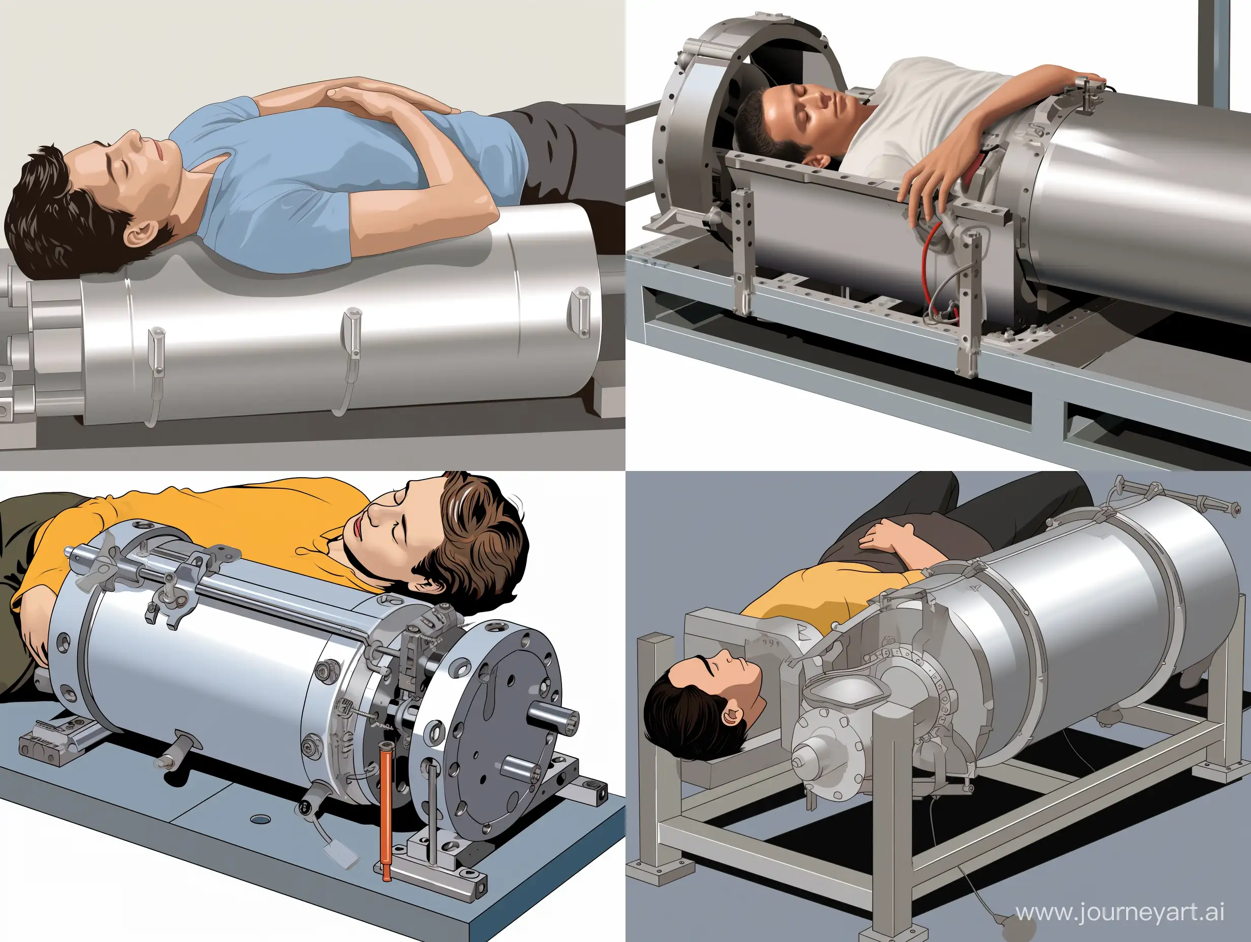 человек лежит в алюминиевом горизонтальном цилиндре, верхняя половина цилиндра открыта --style raw