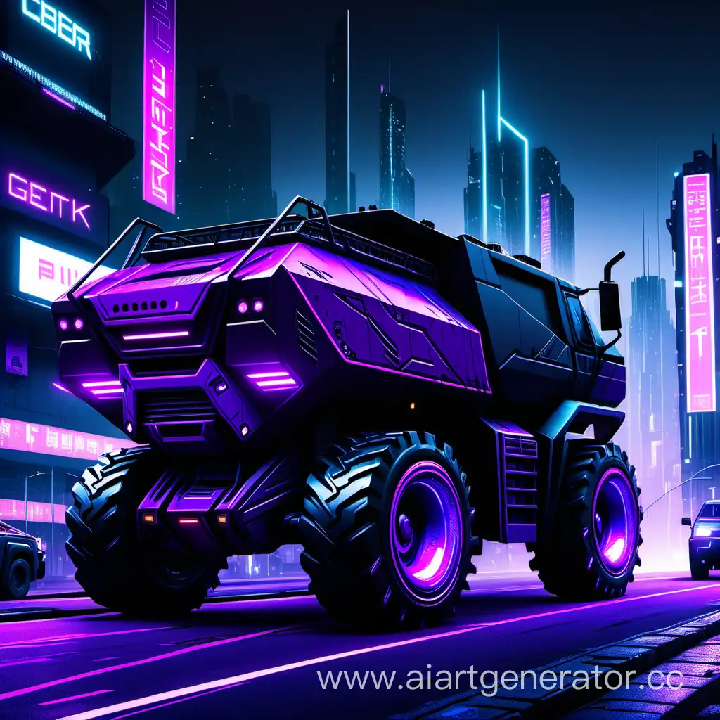 cyberpunk cybertruck Truck tractor night city road black violet