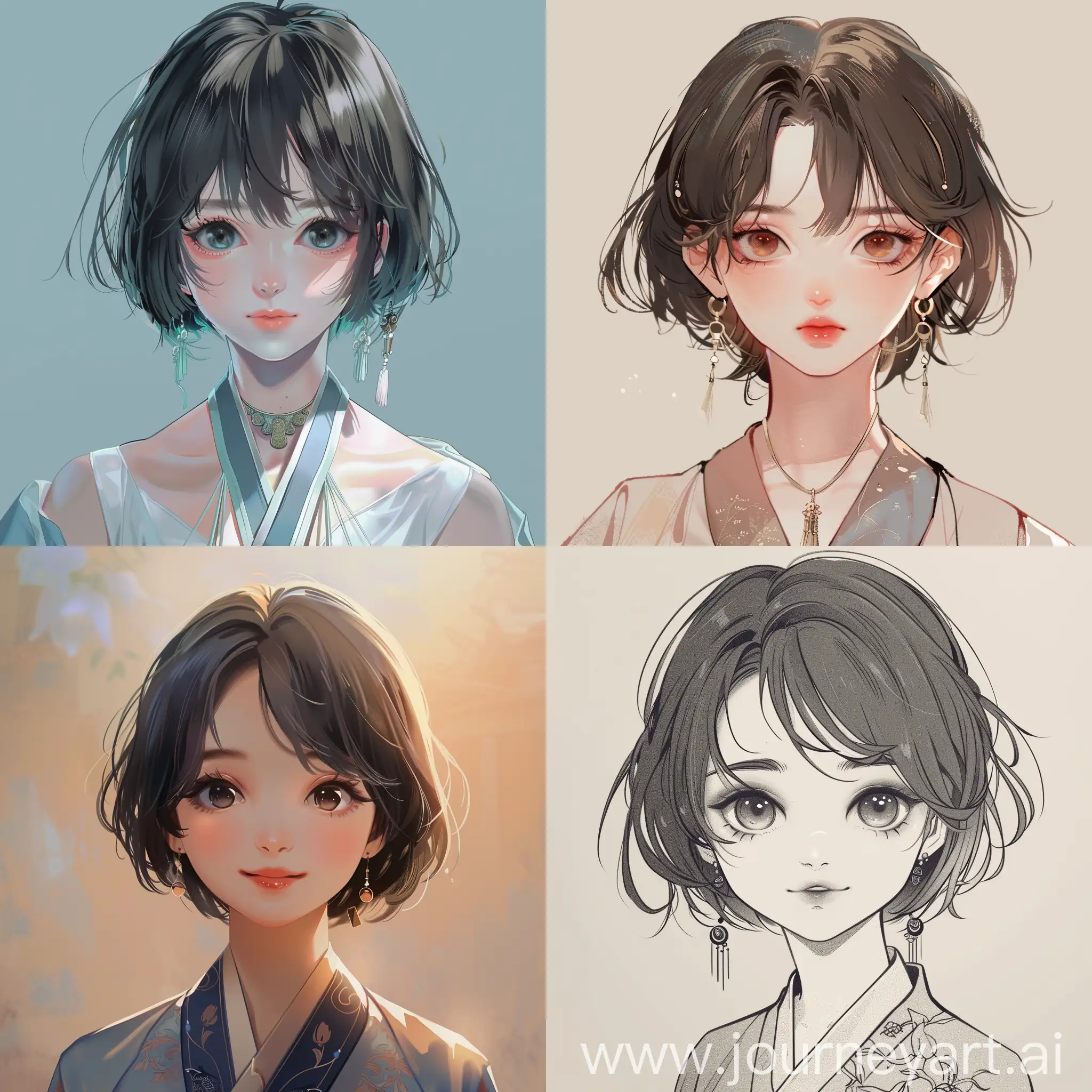 帮我生成一个中国古风动漫头像，是个美丽的女生，短头发，眼睛大，性格开朗，朝鲜族