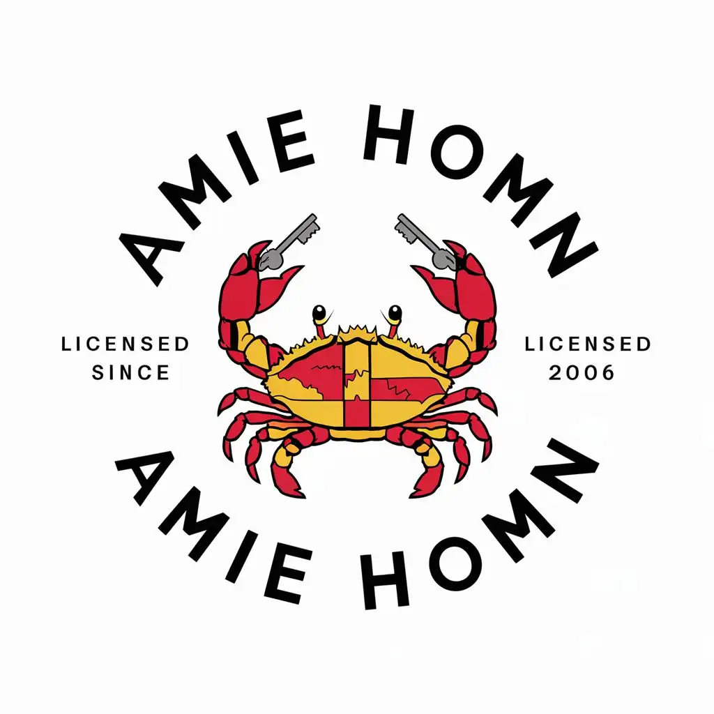 logo, Amie Hohn, Hohn homes, licensed since 2006, Maryland crab holding a key in each hand, with the text "Amie Hohn", typography, be used in Real Estate industry