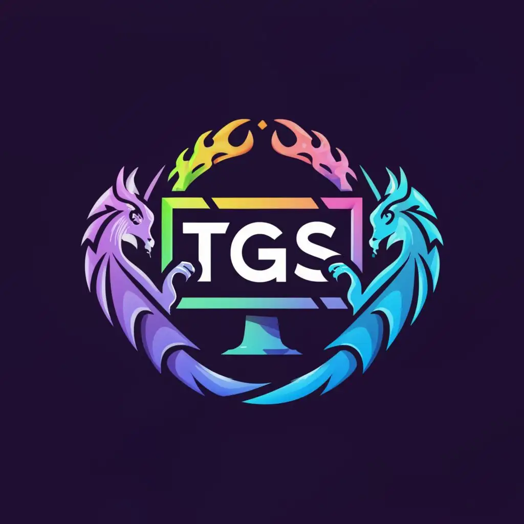 a logo design,with the text "[[[TGS]]]", main symbol:words displayed on a computer screen, surrounded by a circle with a dragon-theme, video game community, joystick, mouse, keyboard, black, purple, teal, [World of Warcraft] [Guild Wars 2],Moderate,be used in Entertainment industry,clear background