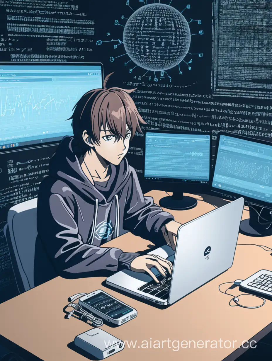 человек сидит за столом с ноутбуком,формат изображения-аниме,вокруг него символика IT сферы такие как:языки программирования  и  синтаксис ,