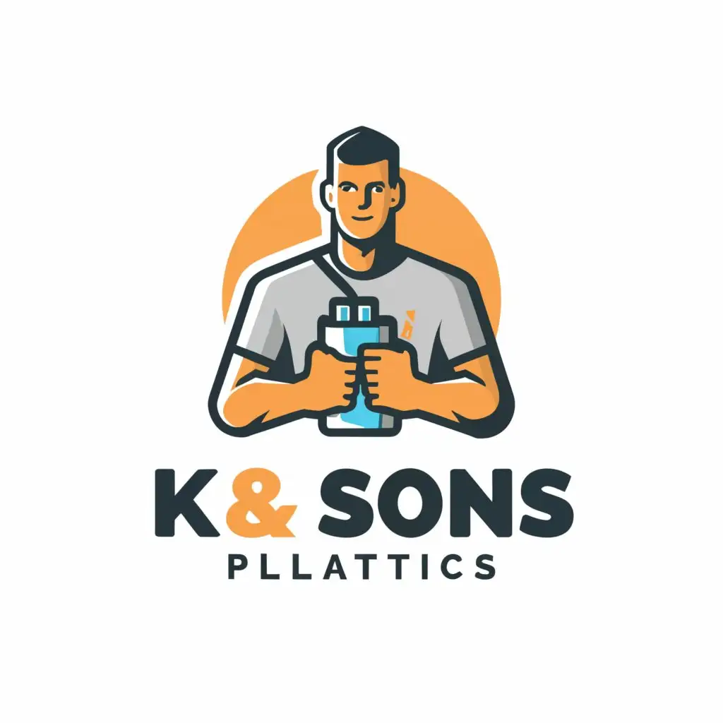 a logo design,with the text "K&SONS PLASTICS", main symbol:MAN HOLDING A PLASTIC BASICALLY A MANUFACTURER,Moderate,clear background