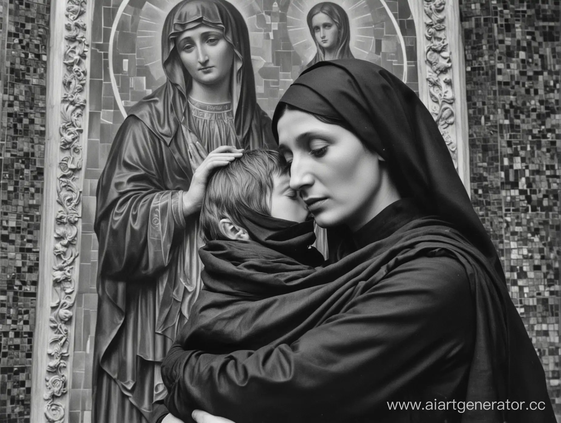 Анна Ахматова обнимает своего маленького сына, взади икона Богородицы. Толпы матерей которые в чёрных плитках и с передачками плачут. Идут к сыновьям. Сталинские репрессии