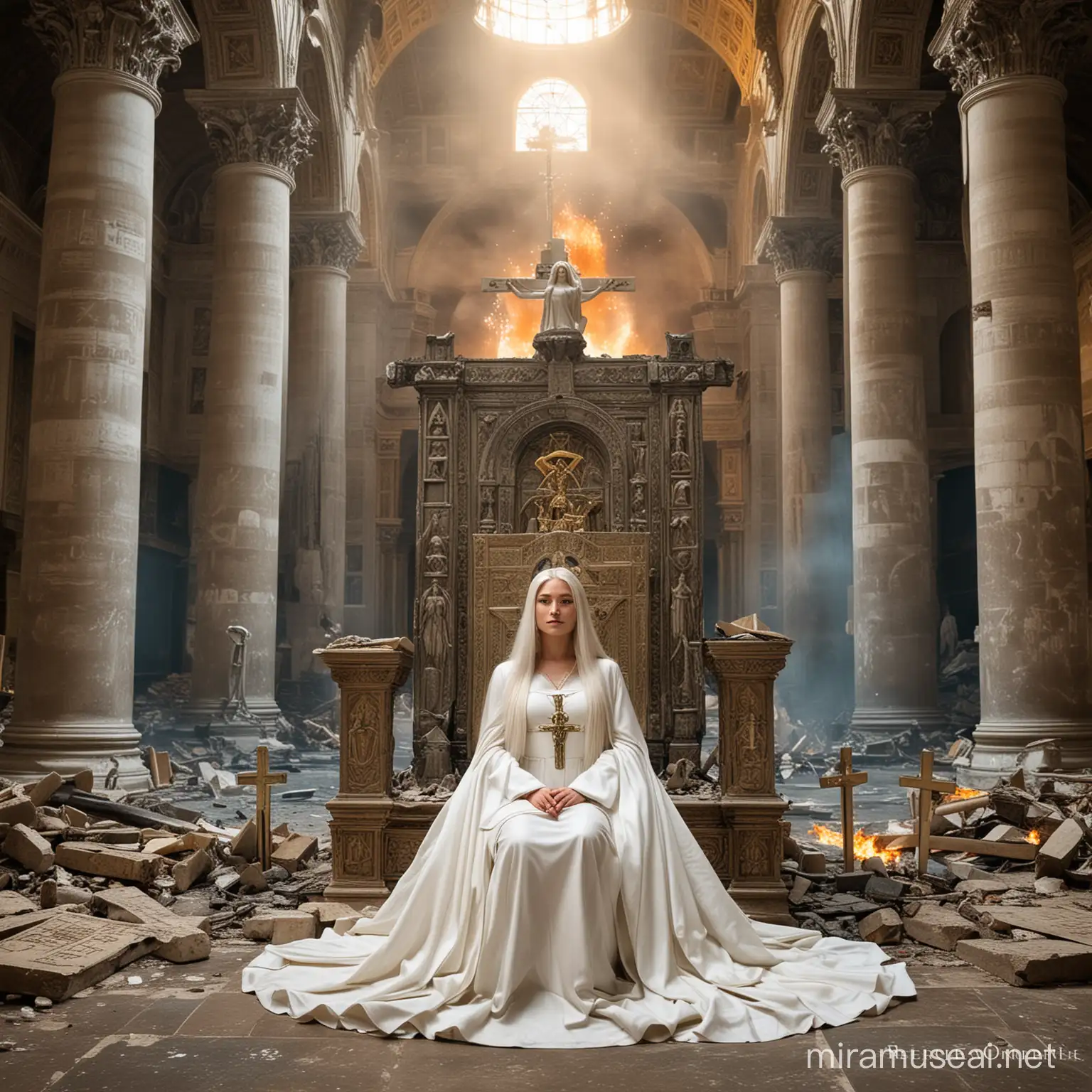 Rebecca the Omen Empress Goddess in Vatican Ruins Amidst Worship and Cataclysm