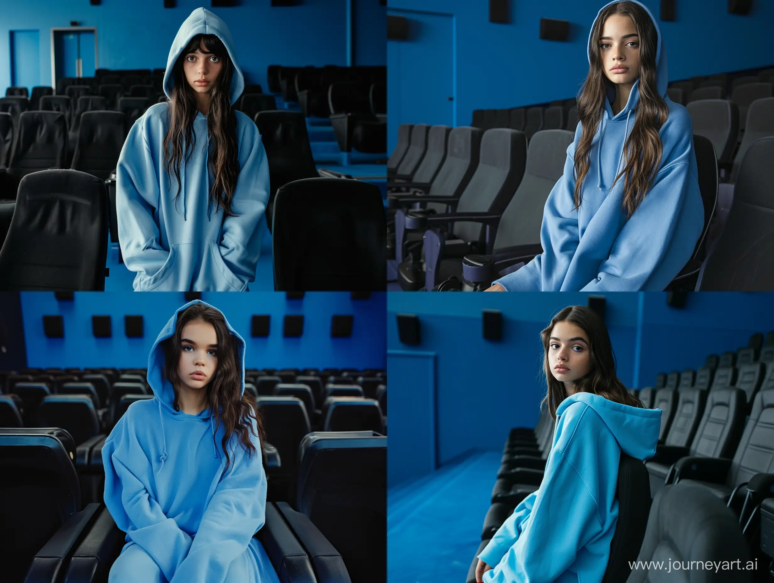 девушка брюнетка в кинотеатре в синем оверсайз худи  без капюшона, сидения черные, стены синего цвета