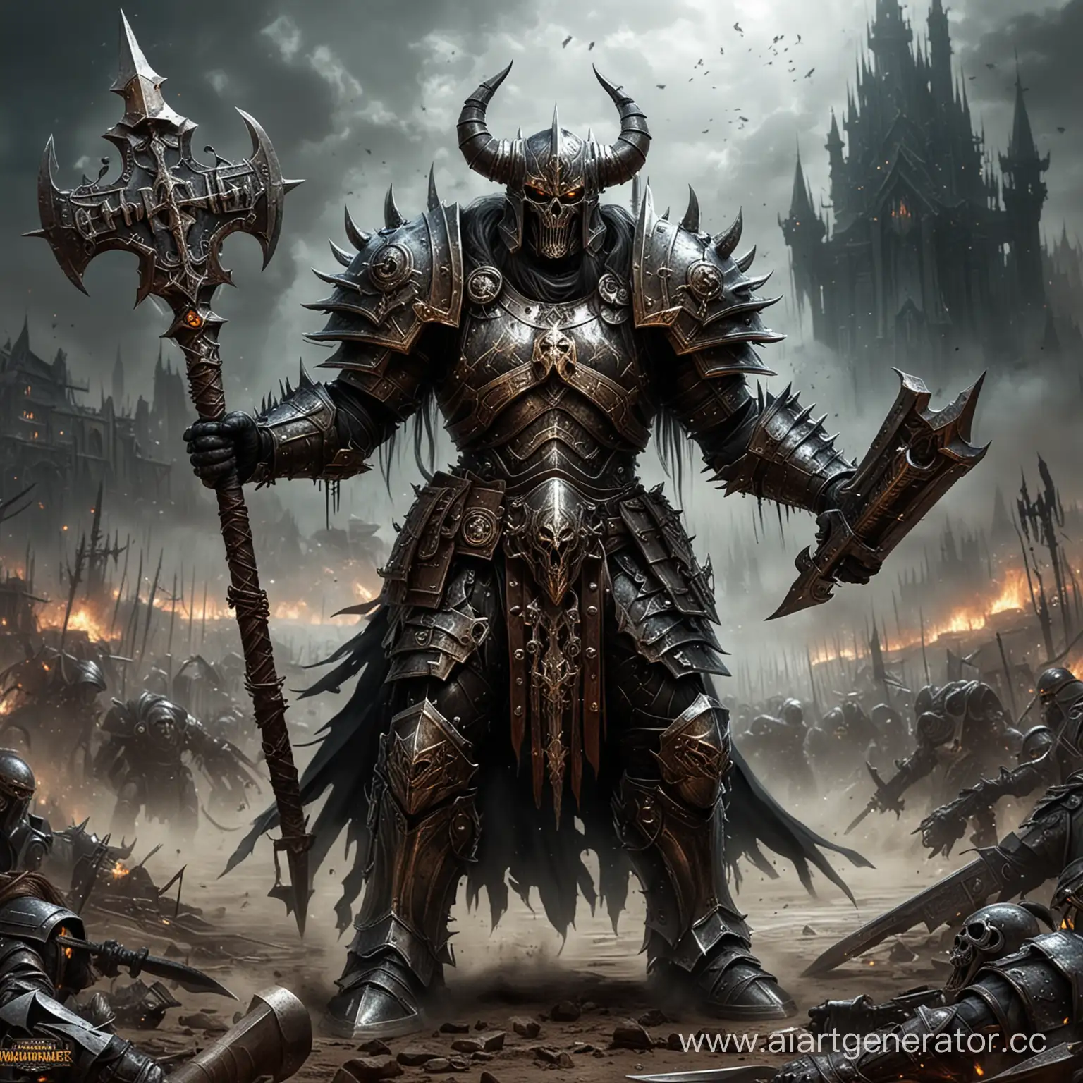 Chaos Warrior (Warhammer Fantasy Battle) art . in massive shiny armor with the sign of chaos. Стоит на коленях. меч торчит из груди.
Поле Боя фиолетовый закат .