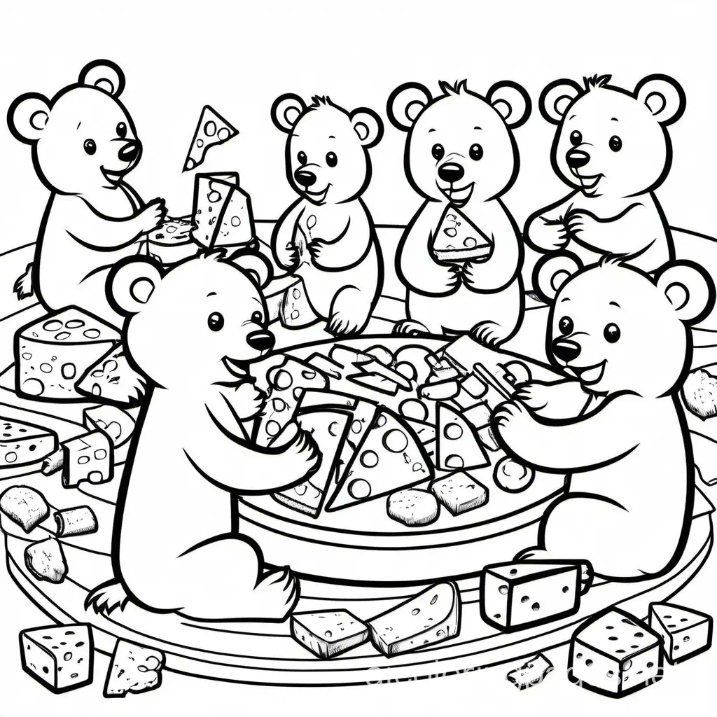 Bears eating cheese and getting into the cheese


, Coloring Page, black and white, line art, white background, Simplicity, Ample White Space. The background of the coloring page is plain white to make it easy for young children to color within the lines. The outlines of all the subjects are easy to distinguish, making it simple for kids to color without too much difficulty