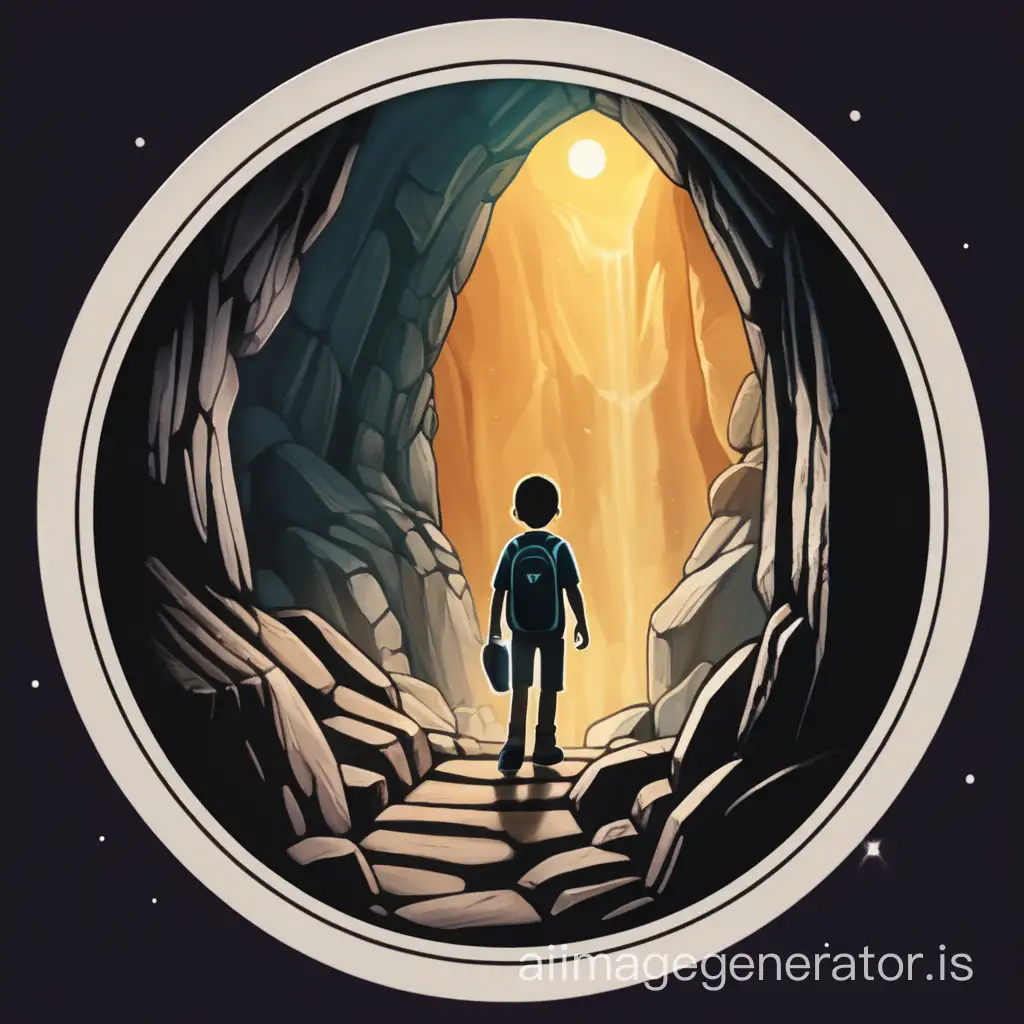 Create an image representing the badge 'Leaving the Cave'. The badge should depict a character emerging from a dark cave into the light, symbolizing their first interaction with another character in the app. The character should be shown taking their first steps outside the cave, with a sense of curiosity and wonder on their face. The image should convey a sense of progression and the beginning of a journey. This badge is earned when a user completes their first interaction with a character in the app.