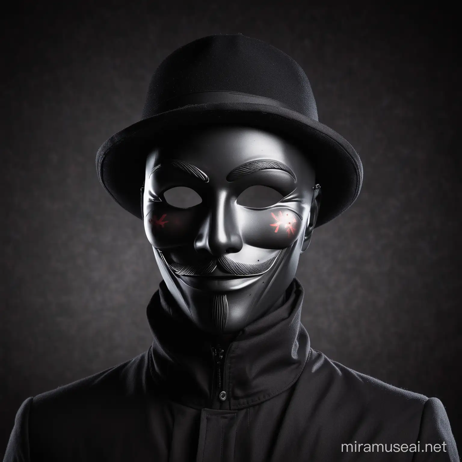 black mannequin wearing guy fawkes mask with hacker background
