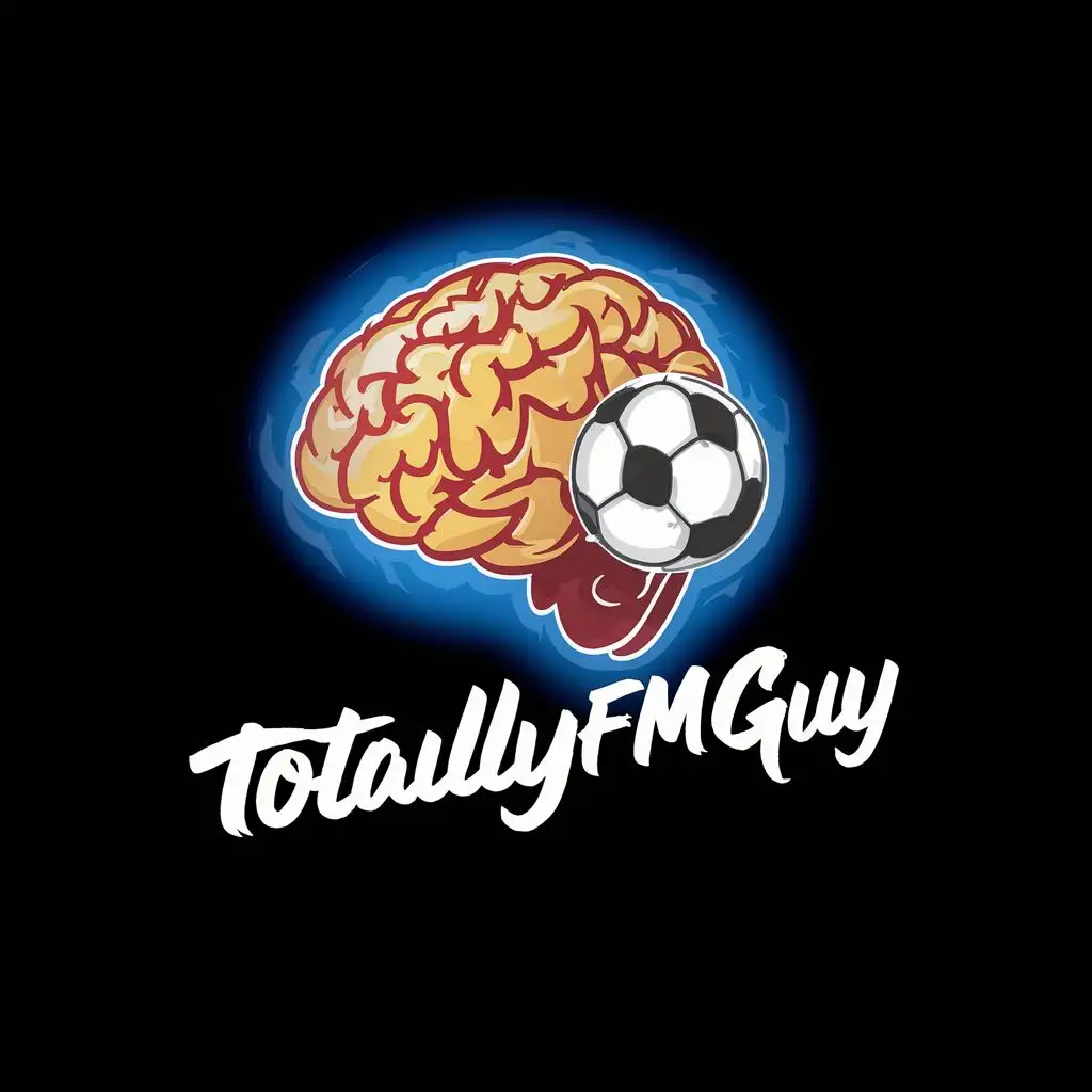 logo, soccer, soccer player soccer brain, with the text "TotallyFMguy", typography
