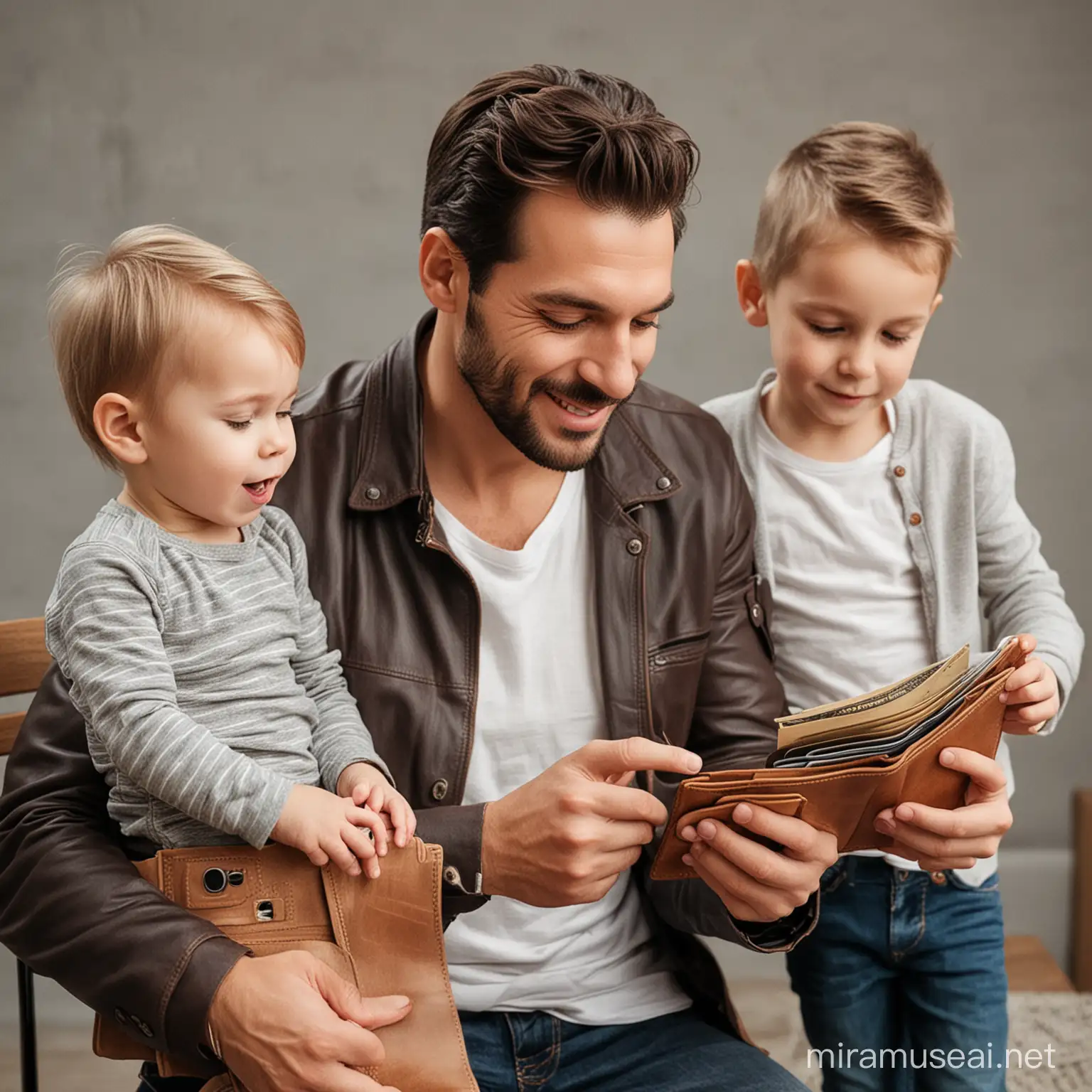 Father Teaching Kids Financial Skills with Leather Wallet