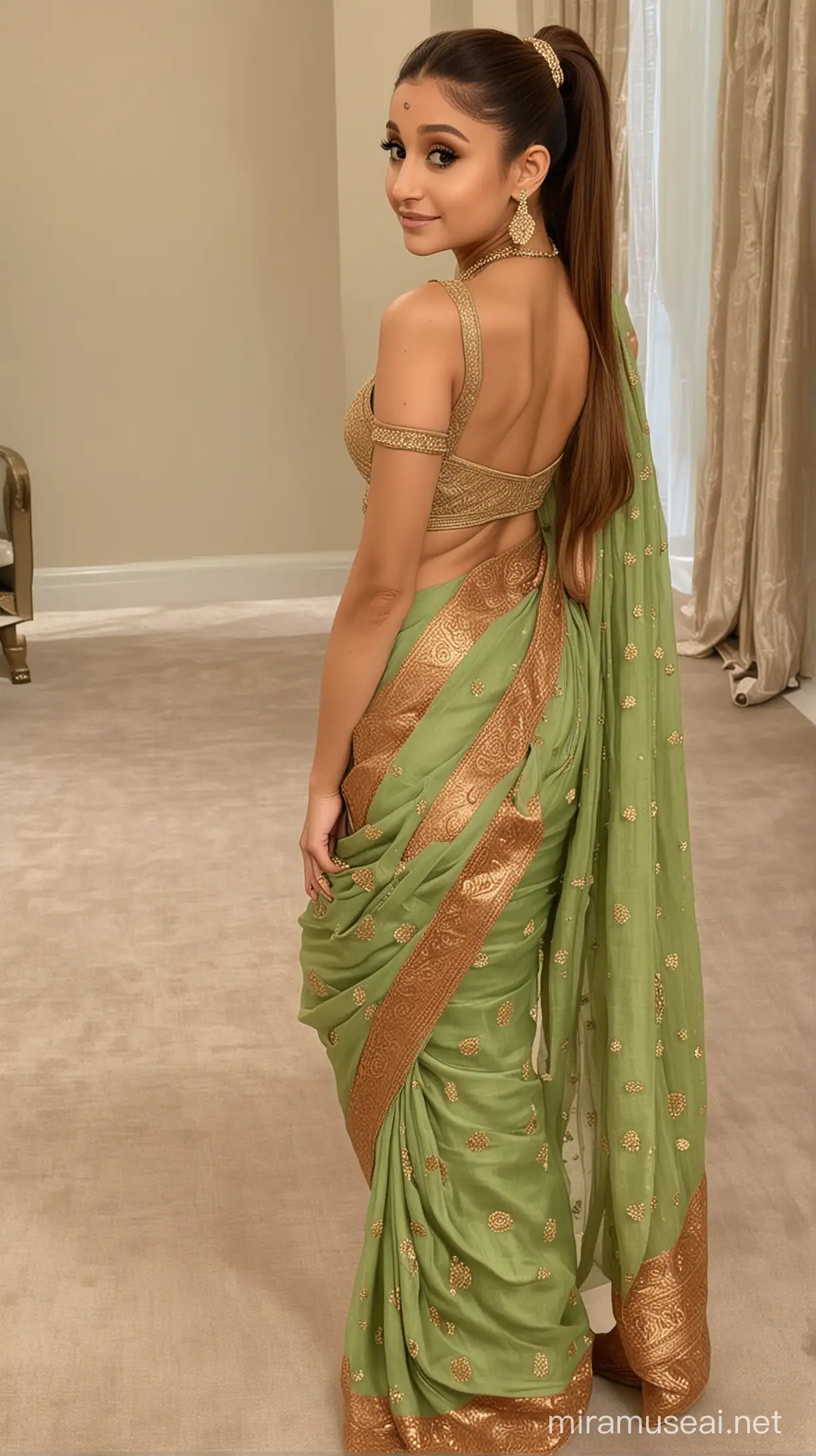 Ariana Grande in Indian style saree with backless blouse