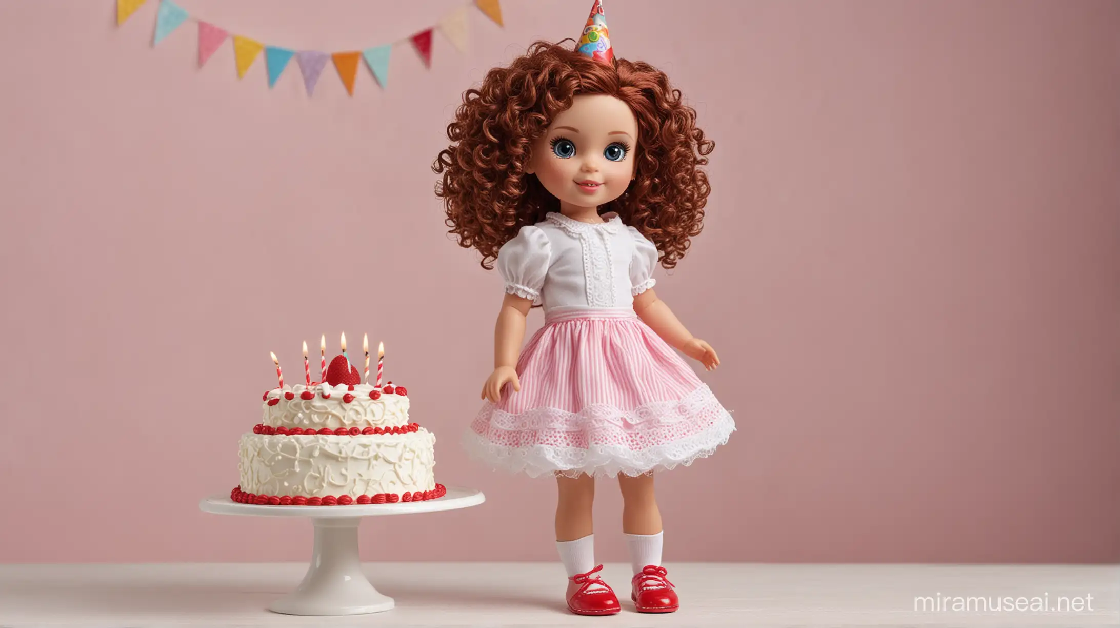 full image of a doll, tall curly hair , wearing red shoes holding a birthday cake, mouth opened